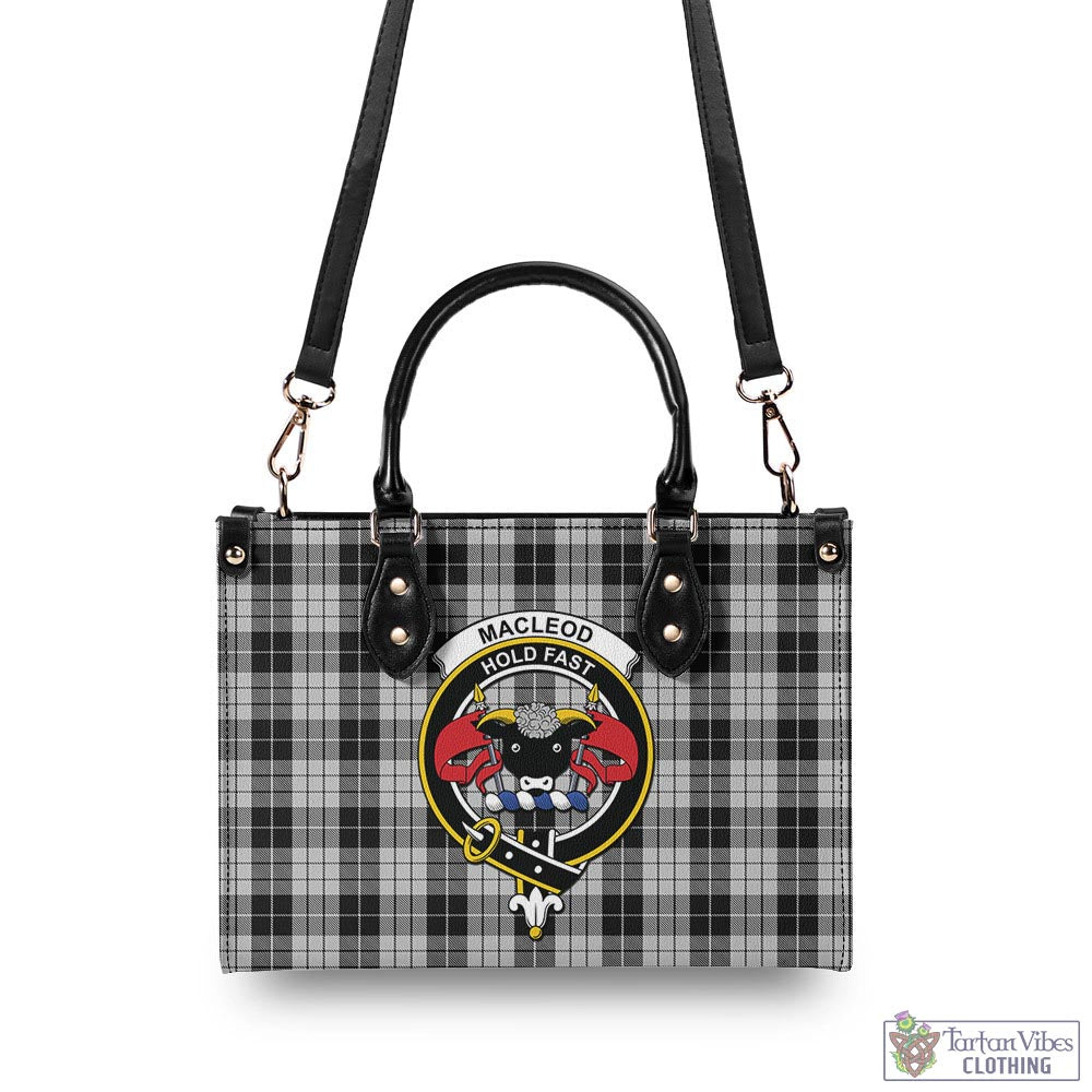 Tartan Vibes Clothing MacLeod Black and White Tartan Luxury Leather Handbags with Family Crest