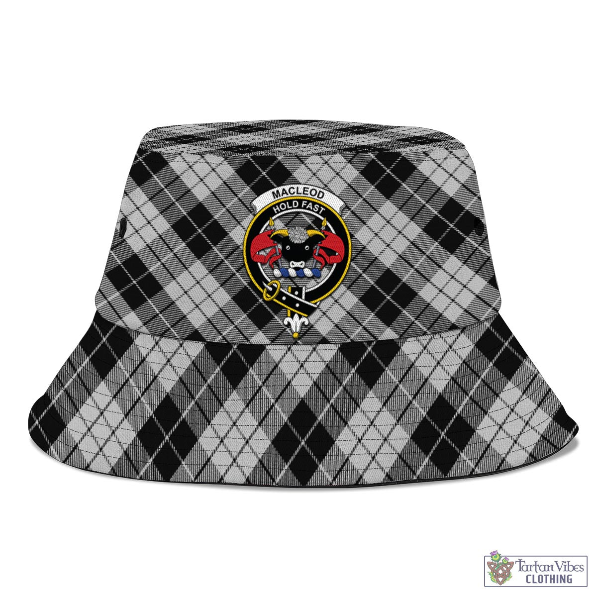 Tartan Vibes Clothing MacLeod Black and White Tartan Bucket Hat with Family Crest