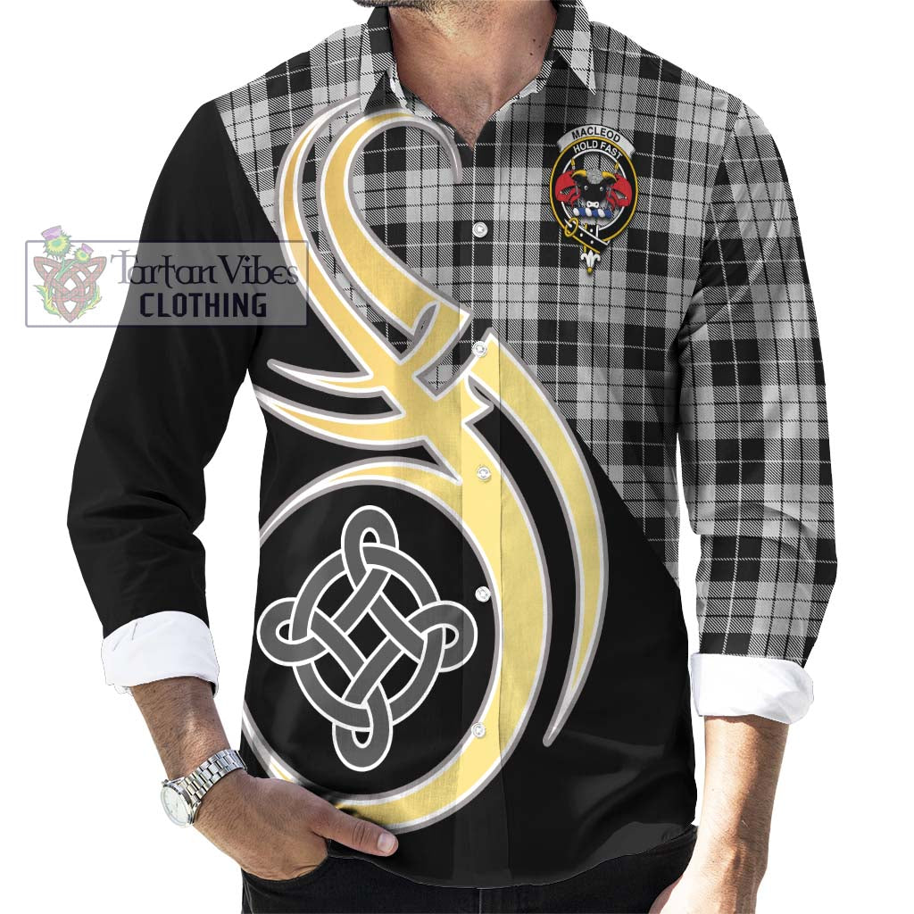 Tartan Vibes Clothing MacLeod Black and White Tartan Long Sleeve Button Shirt with Family Crest and Celtic Symbol Style