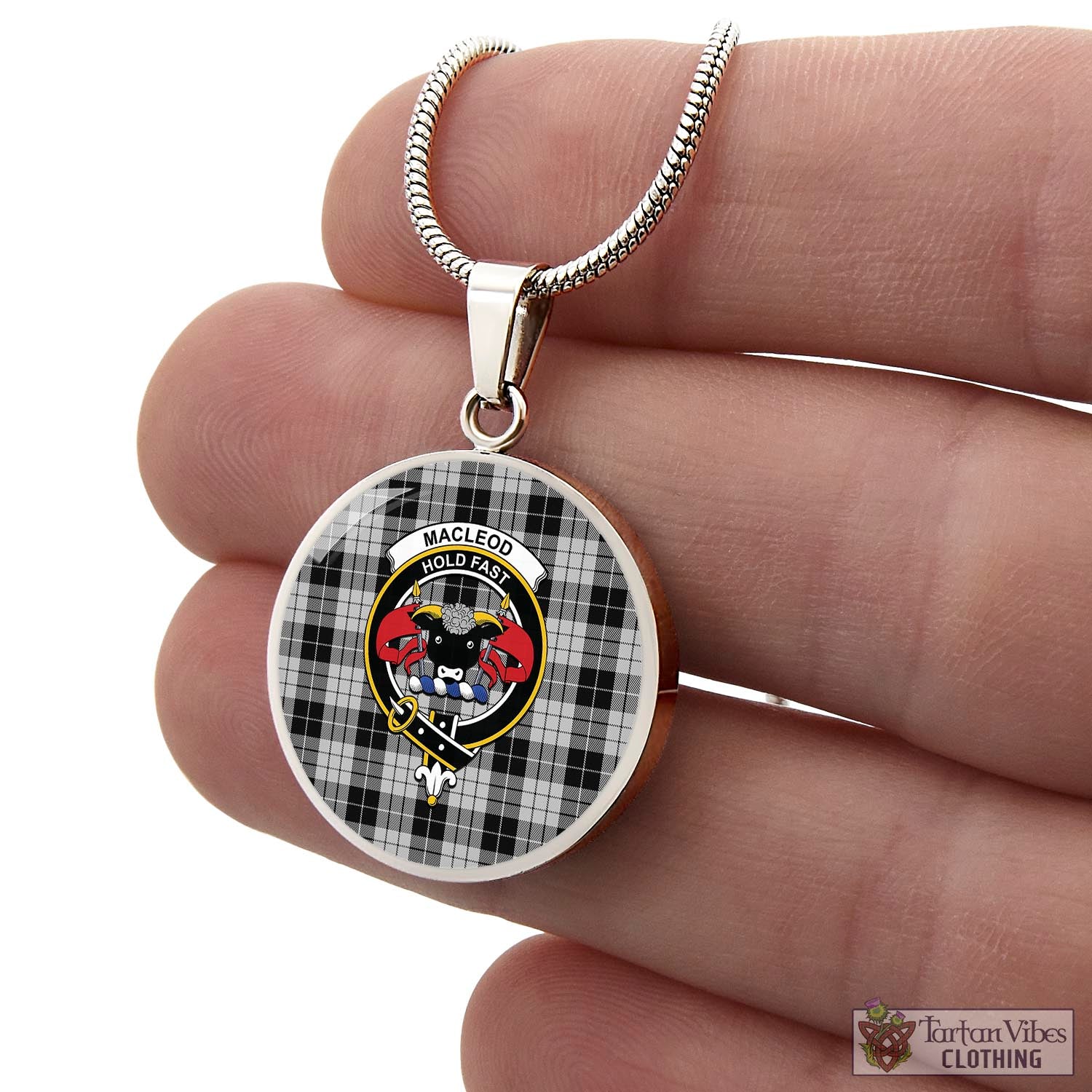 Tartan Vibes Clothing MacLeod Black and White Tartan Circle Necklace with Family Crest