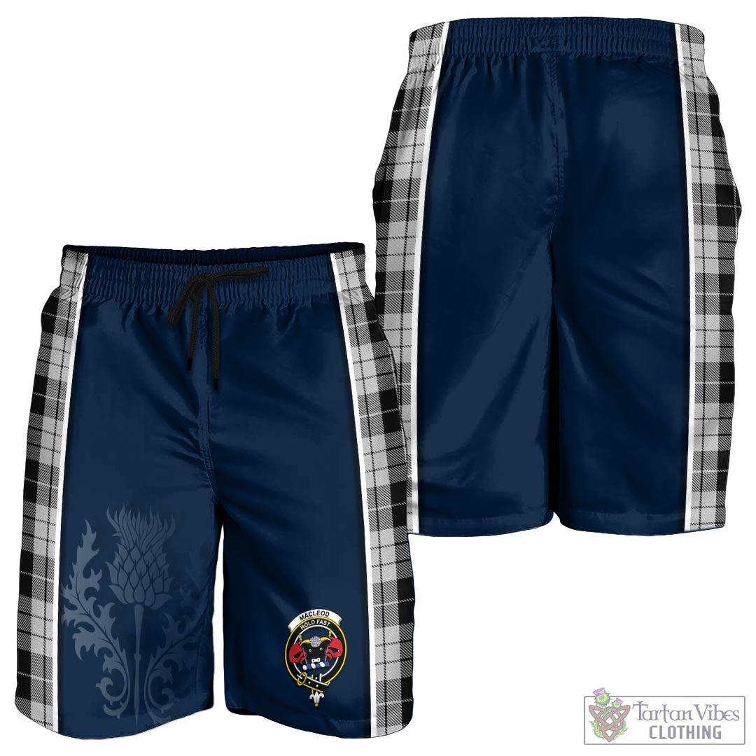 Tartan Vibes Clothing MacLeod Black and White Tartan Men's Shorts with Family Crest and Scottish Thistle Vibes Sport Style