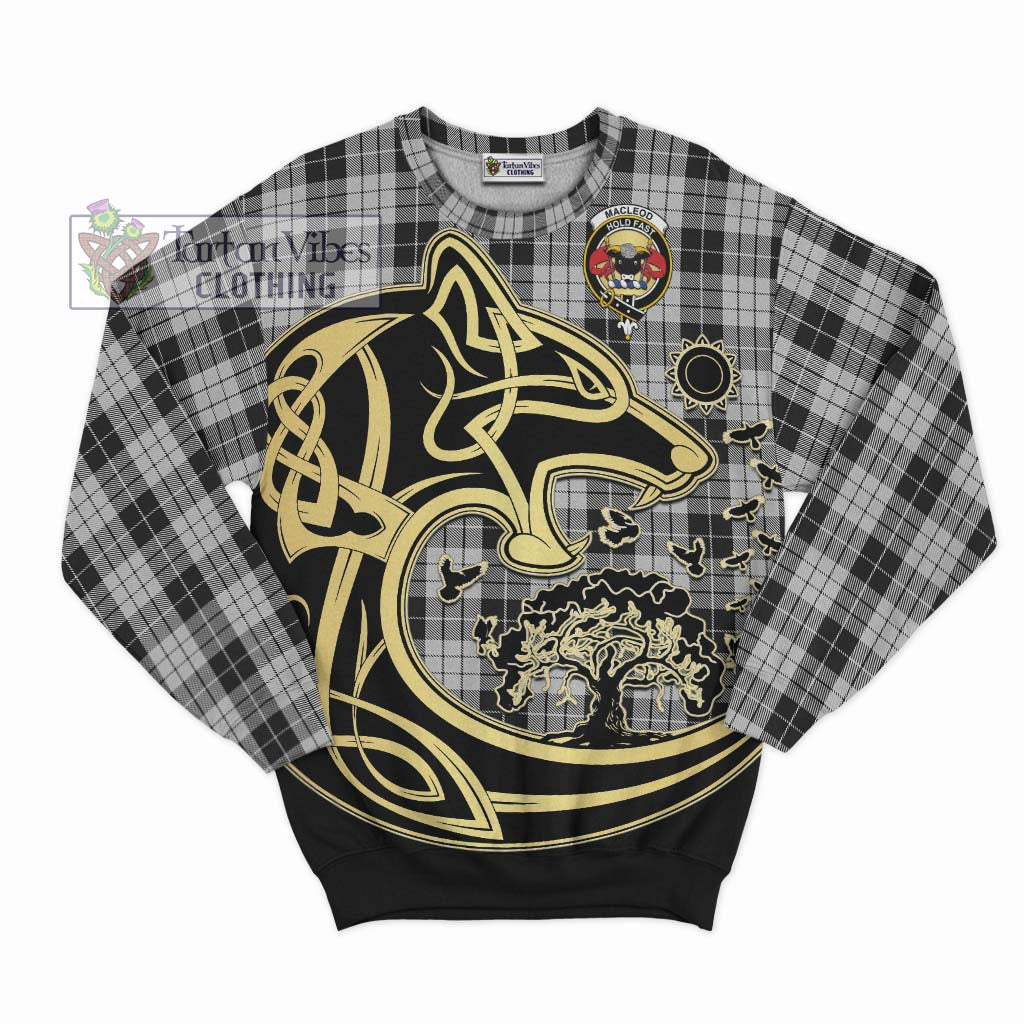 Tartan Vibes Clothing MacLeod Black and White Tartan Sweatshirt with Family Crest Celtic Wolf Style