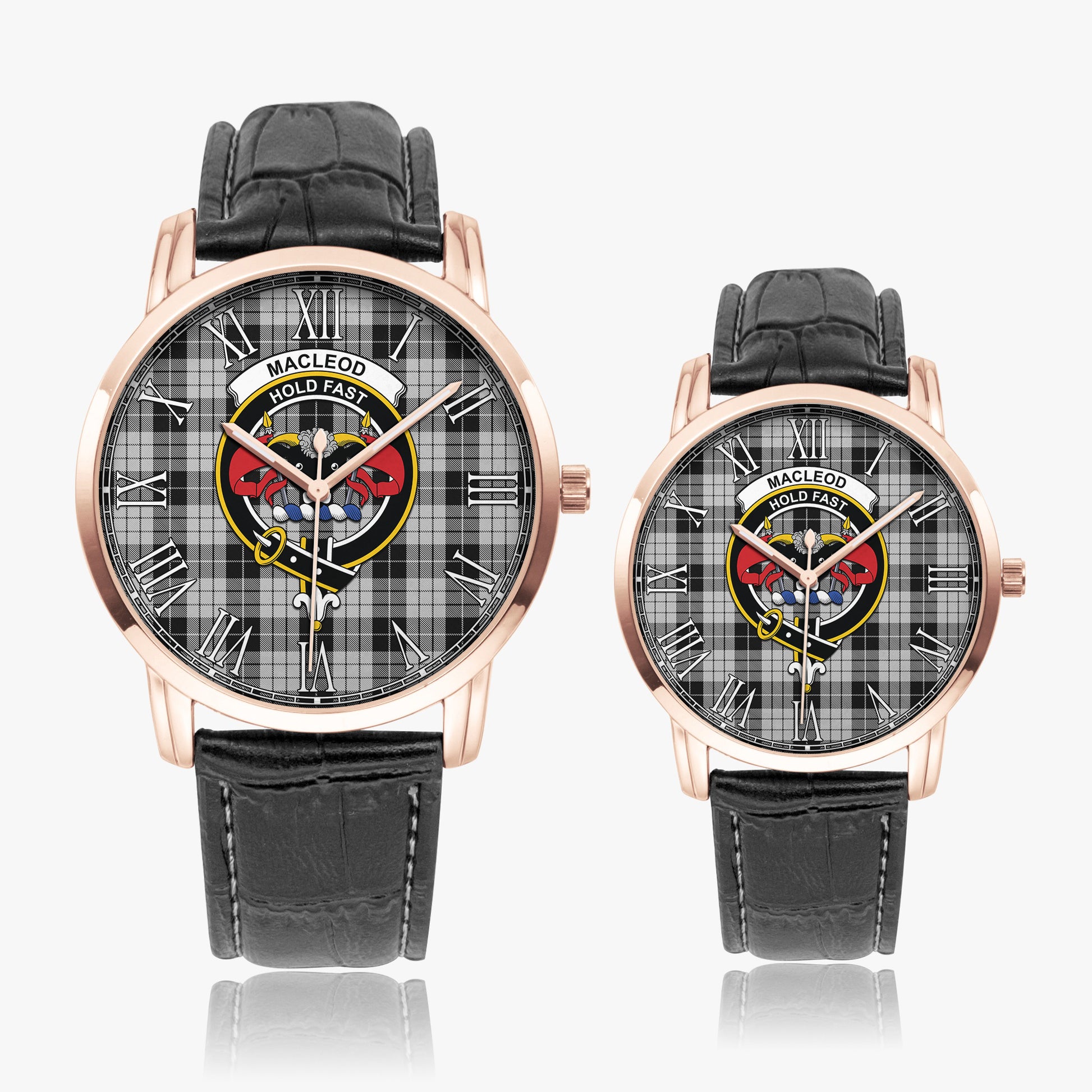 MacLeod Black and White Tartan Family Crest Leather Strap Quartz Watch - Tartanvibesclothing