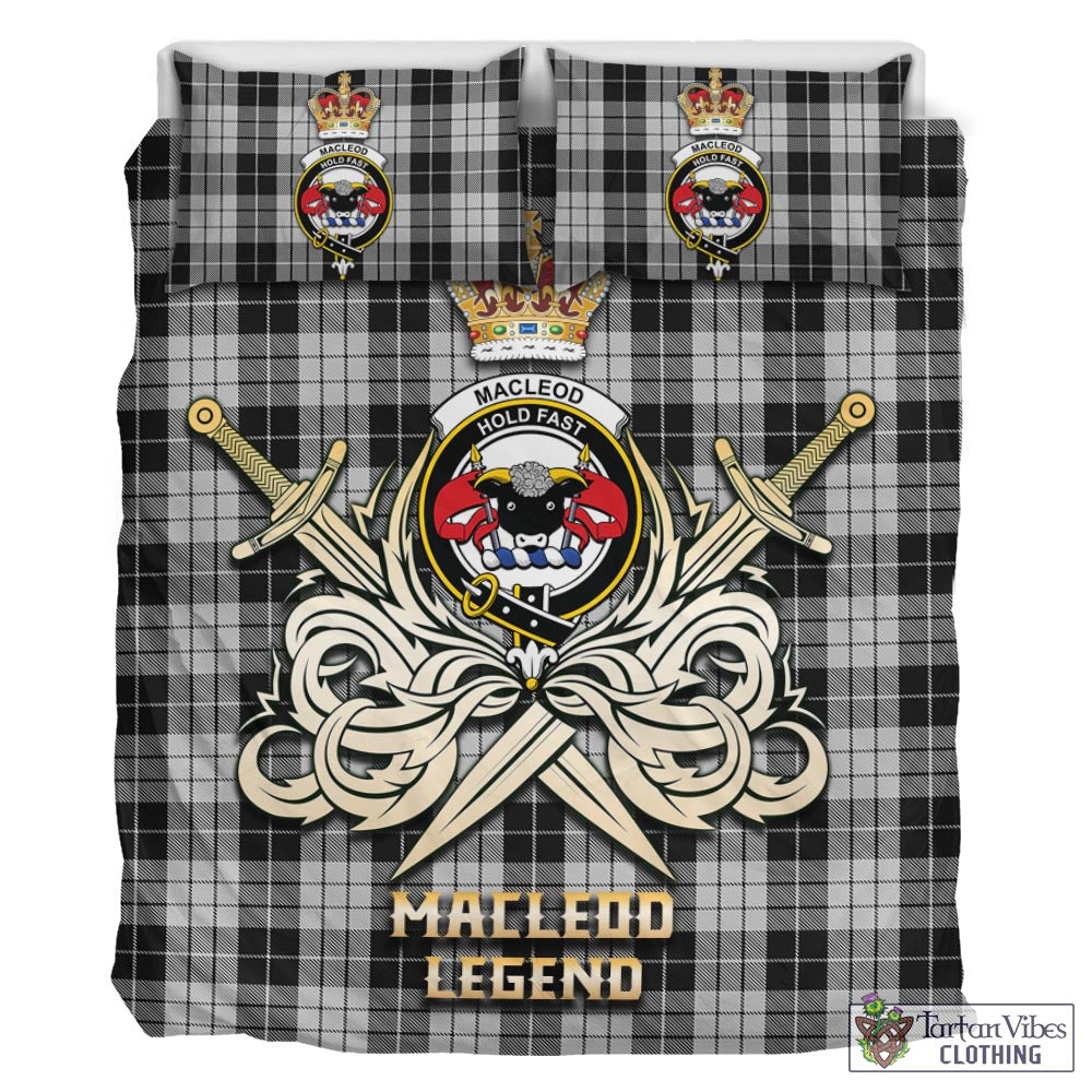 Tartan Vibes Clothing MacLeod Black and White Tartan Bedding Set with Clan Crest and the Golden Sword of Courageous Legacy