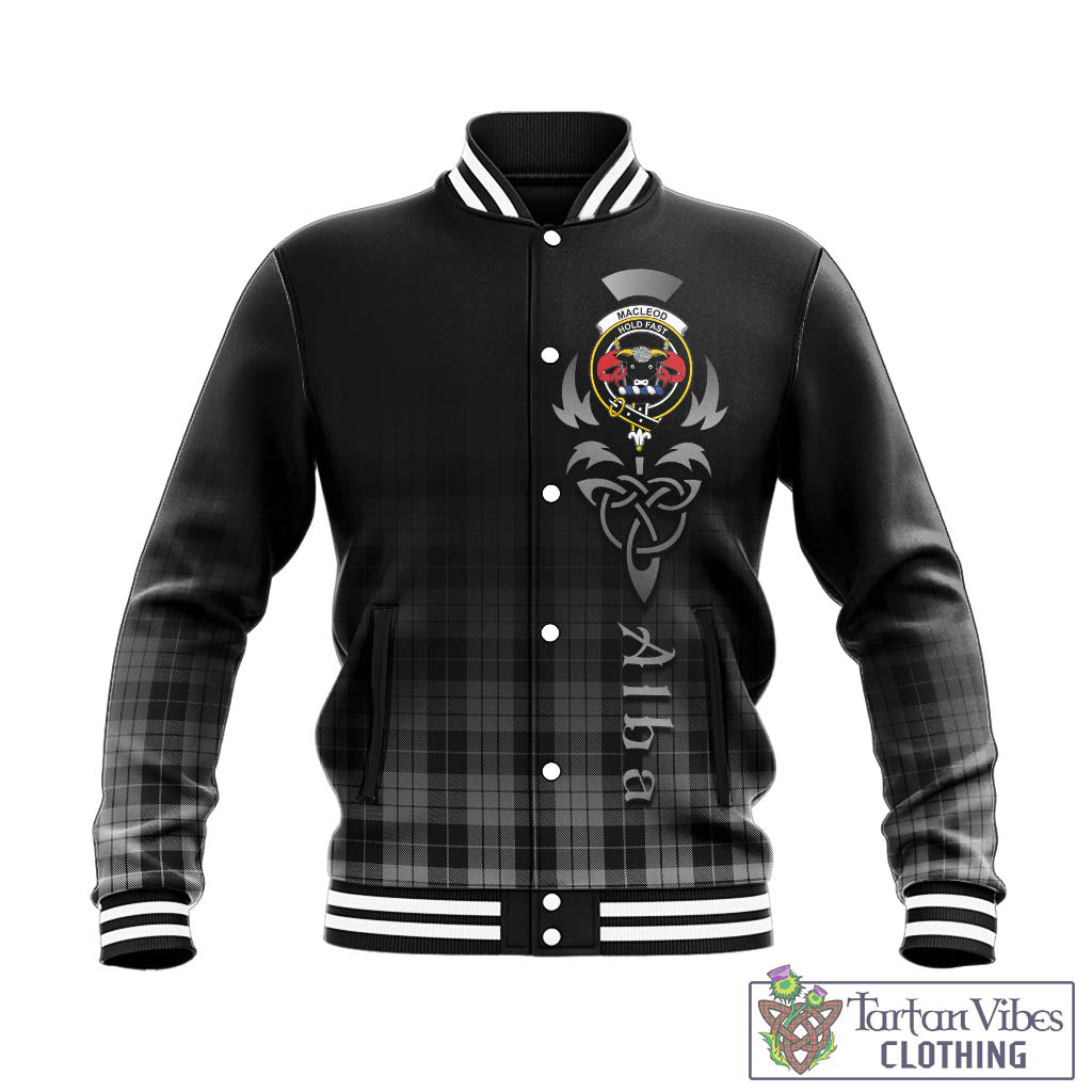 Tartan Vibes Clothing MacLeod Black and White Tartan Baseball Jacket Featuring Alba Gu Brath Family Crest Celtic Inspired