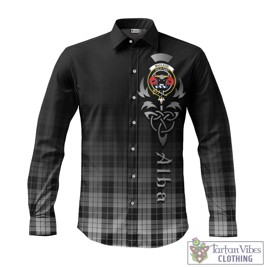 Tartan Vibes Clothing MacLeod Black and White Tartan Long Sleeve Button Up Featuring Alba Gu Brath Family Crest Celtic Inspired