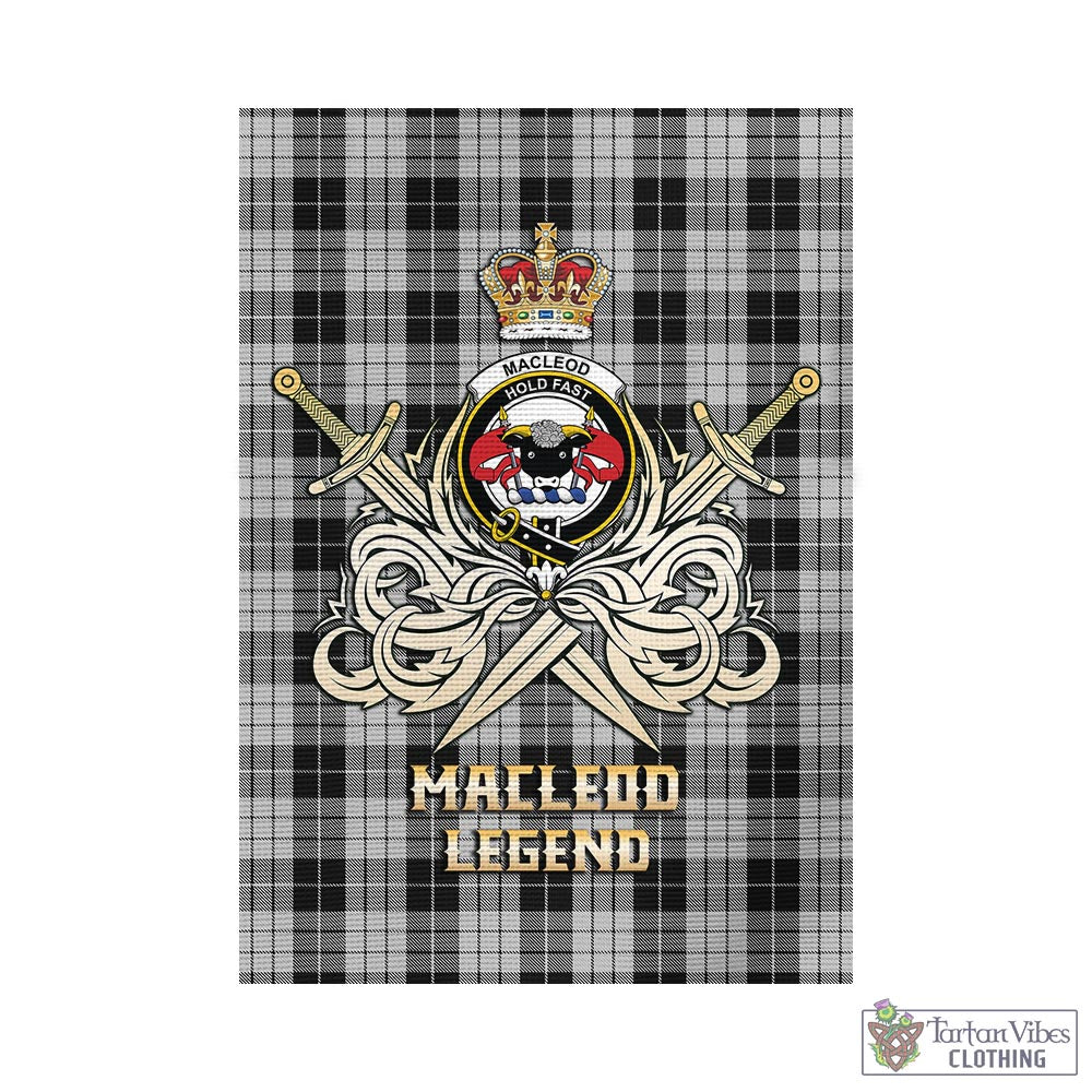 Tartan Vibes Clothing MacLeod Black and White Tartan Flag with Clan Crest and the Golden Sword of Courageous Legacy