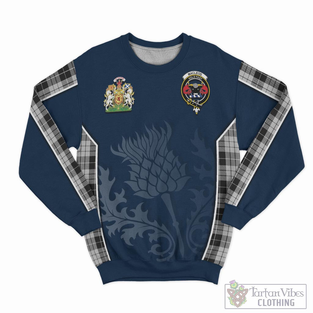 Tartan Vibes Clothing MacLeod Black and White Tartan Sweatshirt with Family Crest and Scottish Thistle Vibes Sport Style