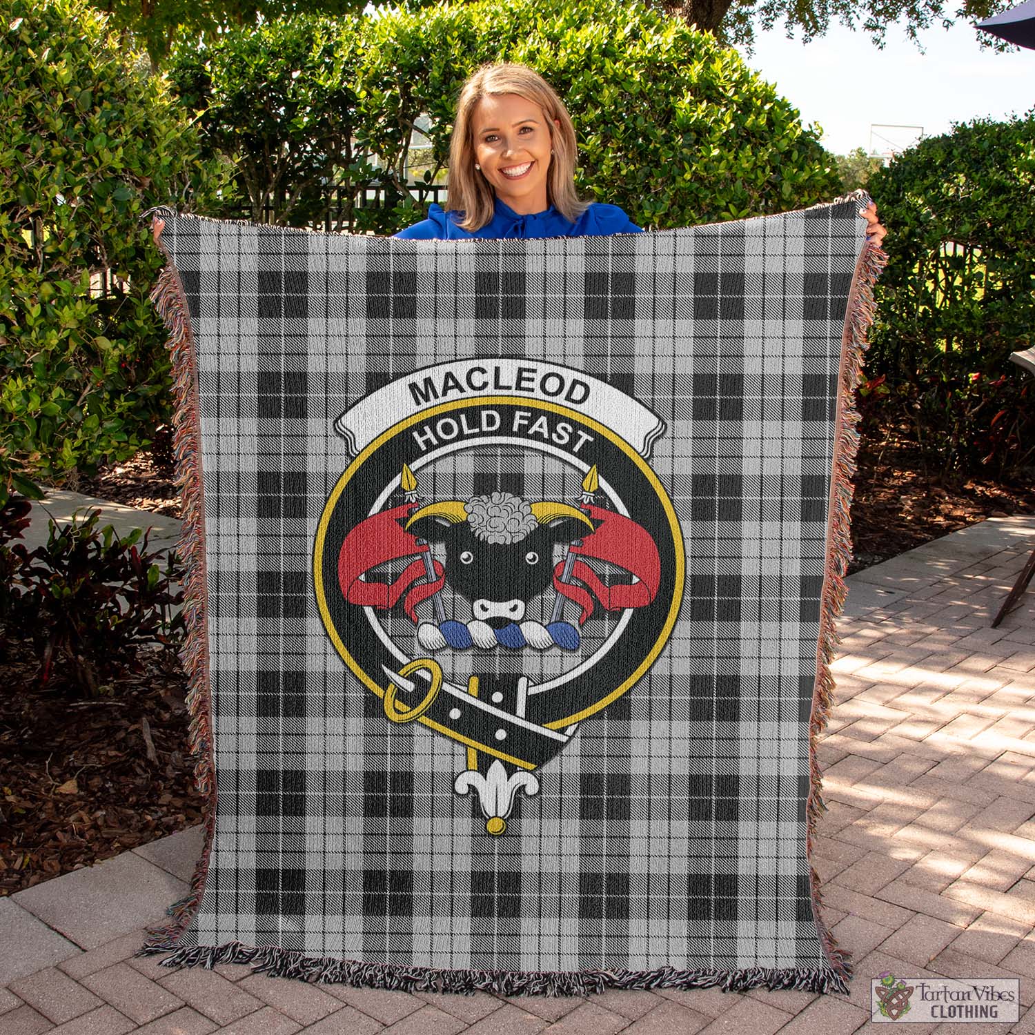 Tartan Vibes Clothing MacLeod Black and White Tartan Woven Blanket with Family Crest