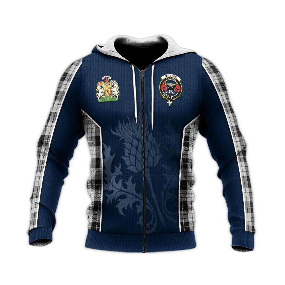 Tartan Vibes Clothing MacLeod Black and White Tartan Knitted Hoodie with Family Crest and Scottish Thistle Vibes Sport Style