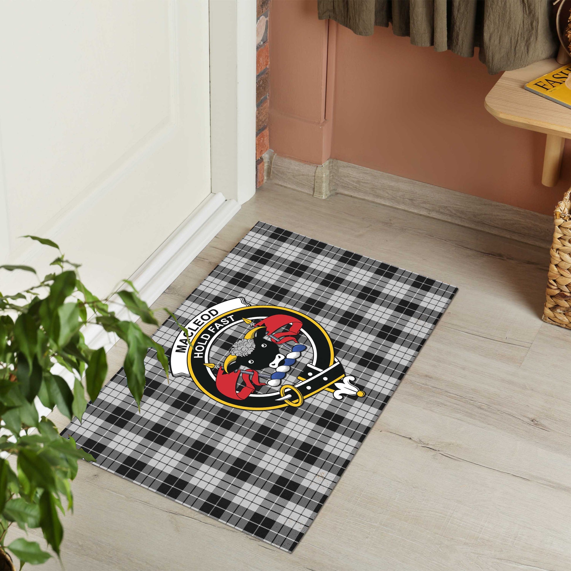 MacLeod Black and White Tartan Door Mat with Family Crest - Tartanvibesclothing