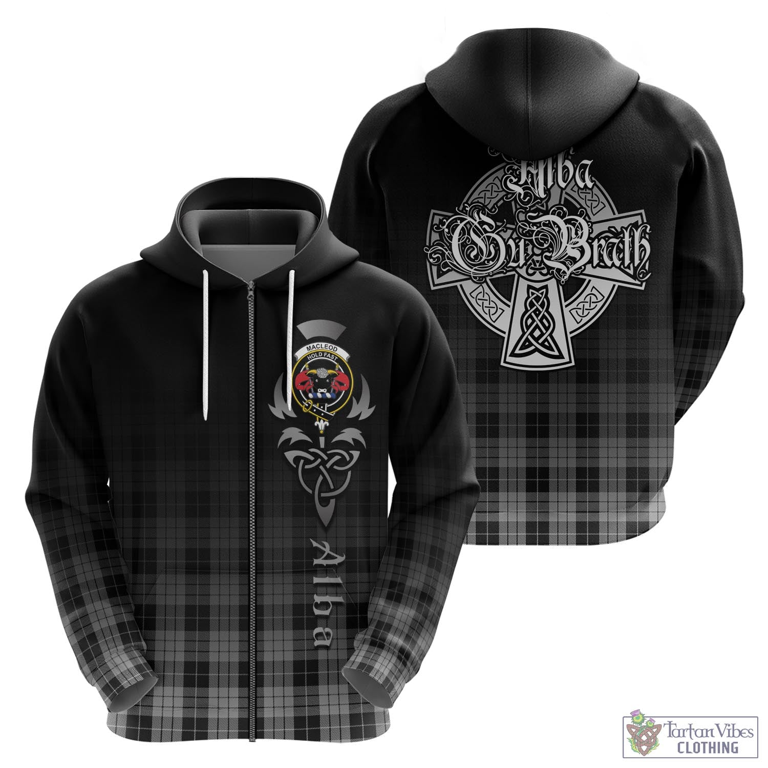 Tartan Vibes Clothing MacLeod Black and White Tartan Hoodie Featuring Alba Gu Brath Family Crest Celtic Inspired