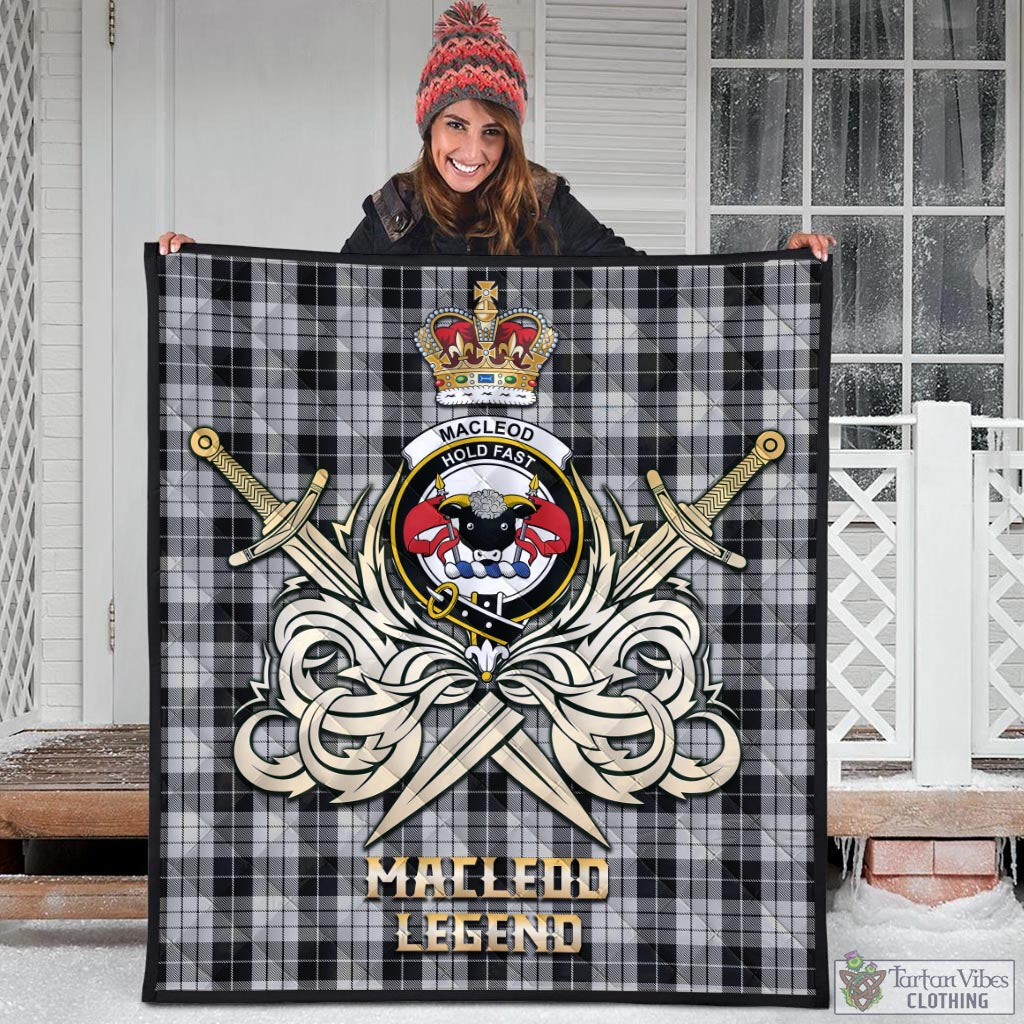 Tartan Vibes Clothing MacLeod Black and White Tartan Quilt with Clan Crest and the Golden Sword of Courageous Legacy