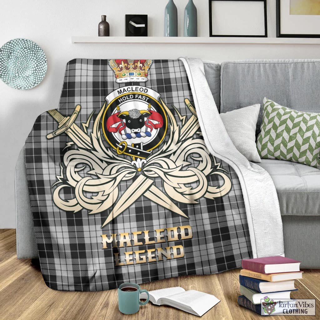 Tartan Vibes Clothing MacLeod Black and White Tartan Blanket with Clan Crest and the Golden Sword of Courageous Legacy