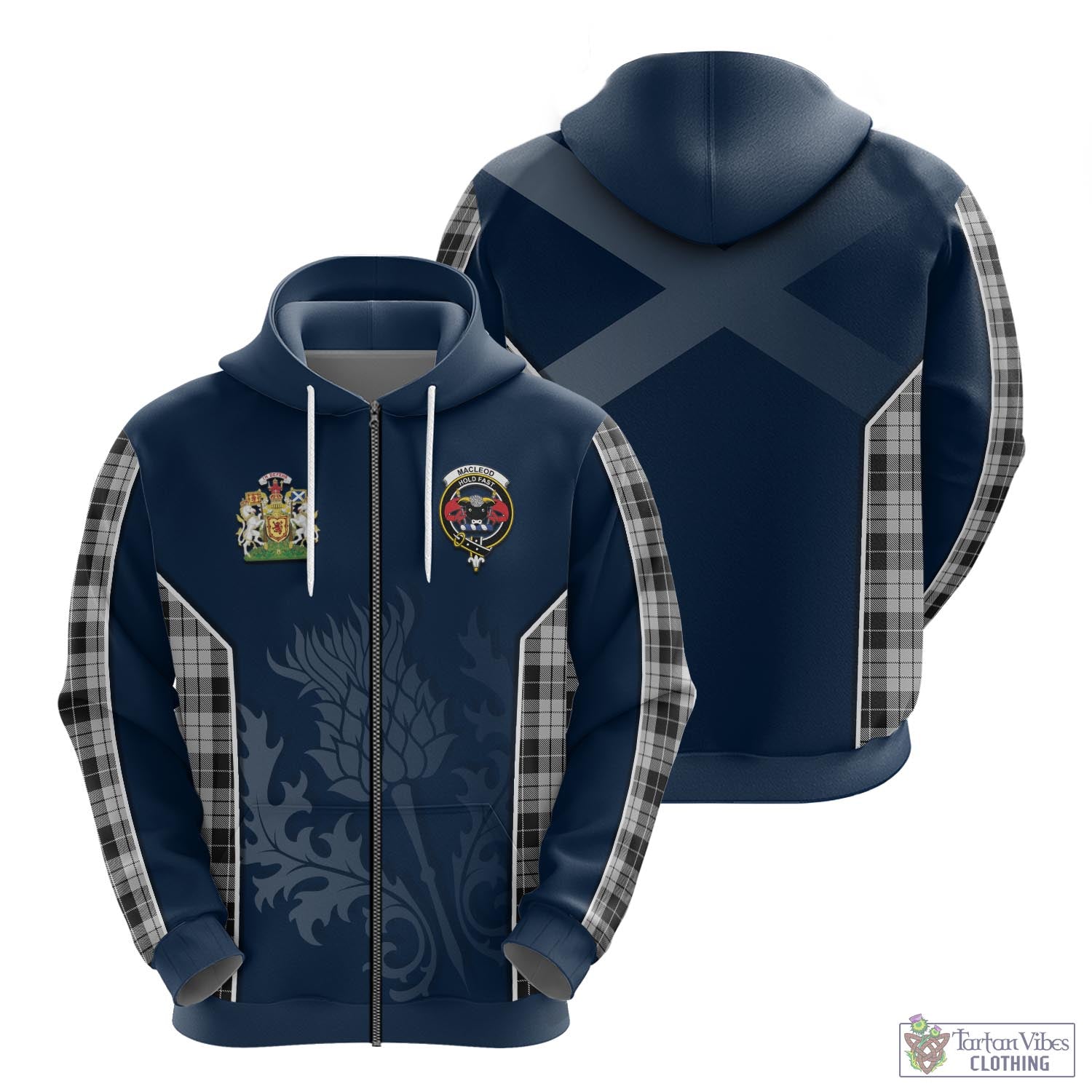 Tartan Vibes Clothing MacLeod Black and White Tartan Hoodie with Family Crest and Scottish Thistle Vibes Sport Style