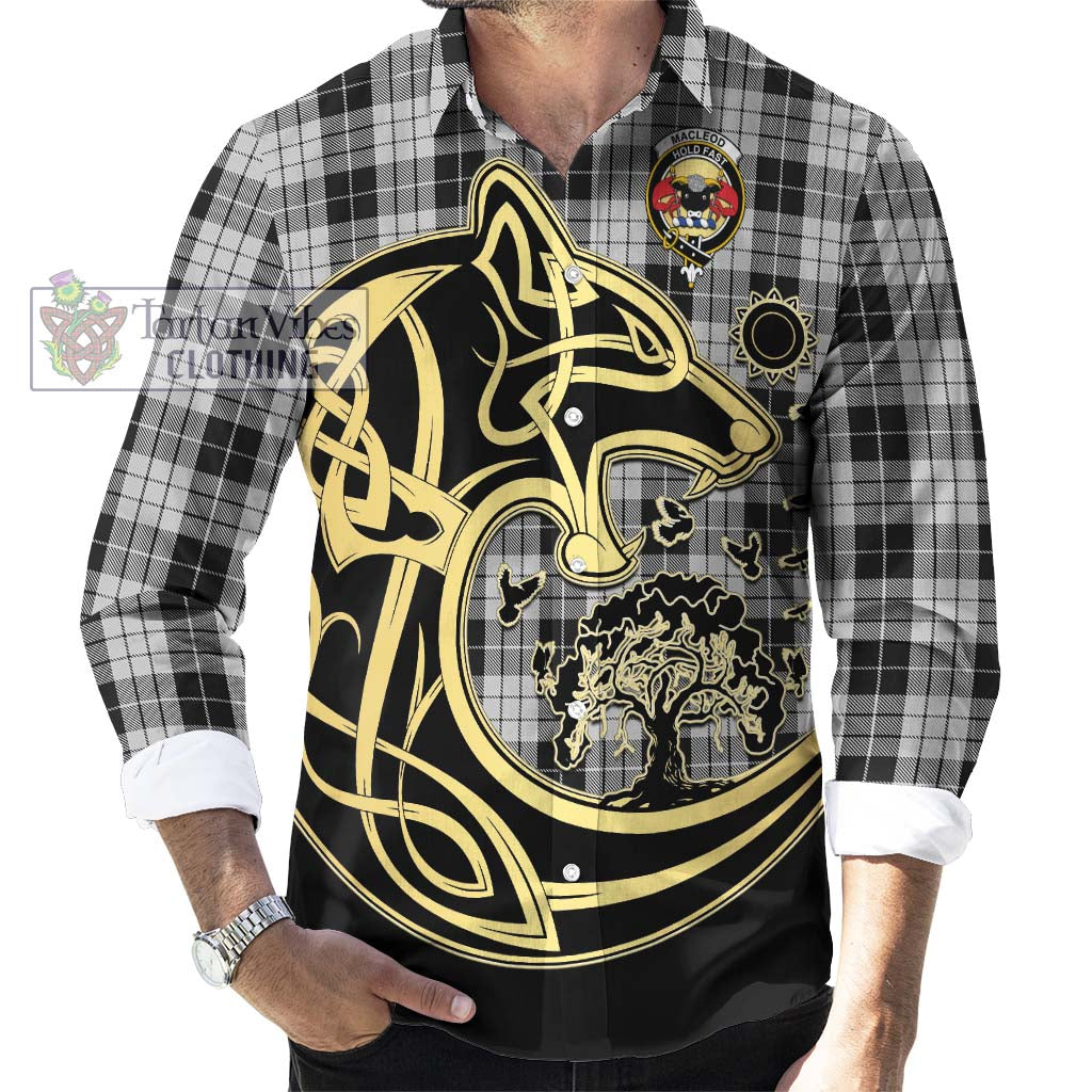 Tartan Vibes Clothing MacLeod Black and White Tartan Long Sleeve Button Shirt with Family Crest Celtic Wolf Style