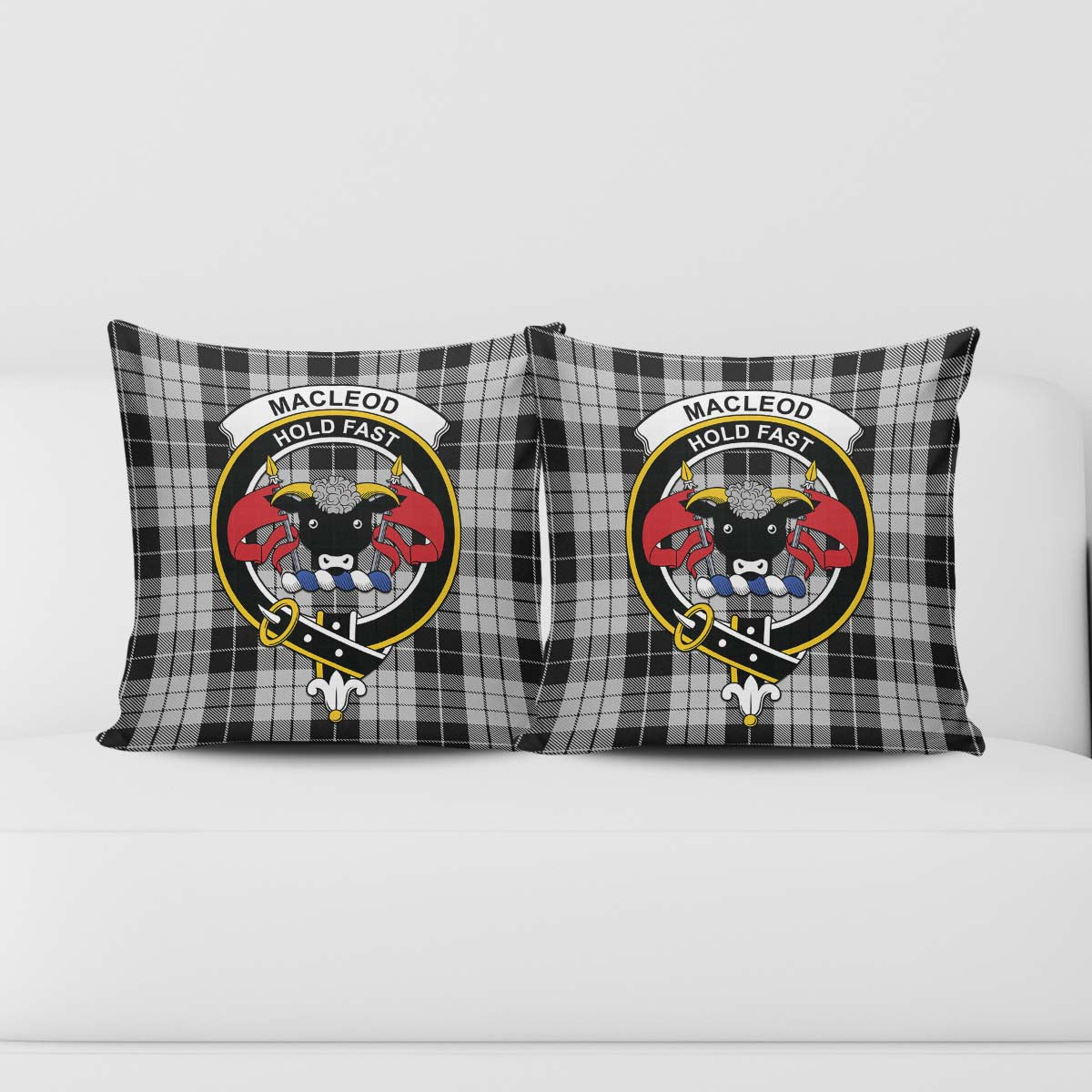 MacLeod Black and White Tartan Pillow Cover with Family Crest - Tartanvibesclothing