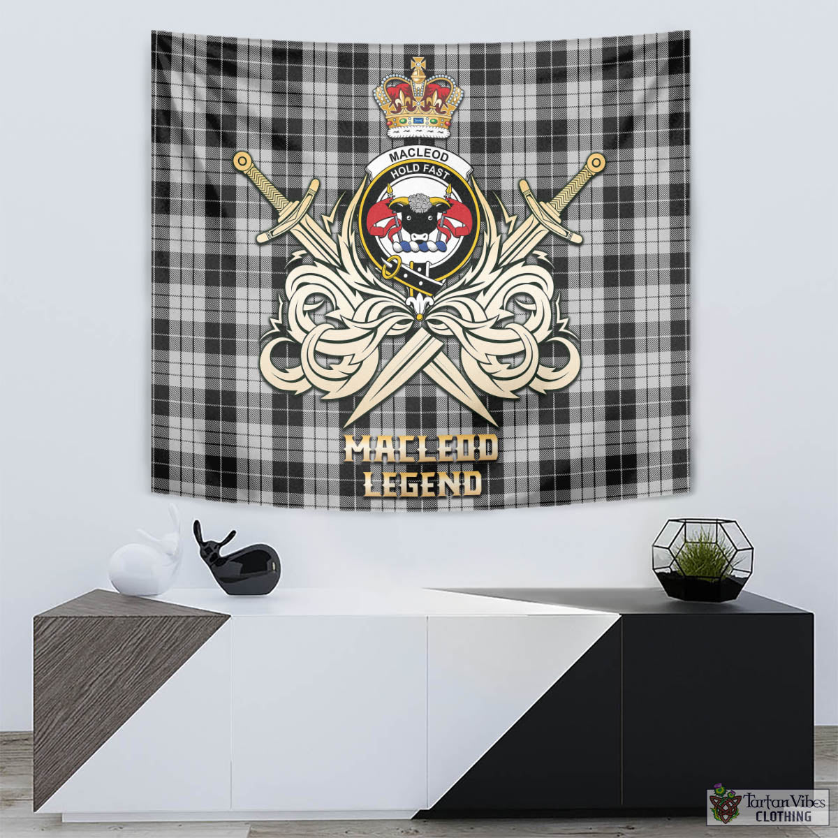 Tartan Vibes Clothing MacLeod Black and White Tartan Tapestry with Clan Crest and the Golden Sword of Courageous Legacy