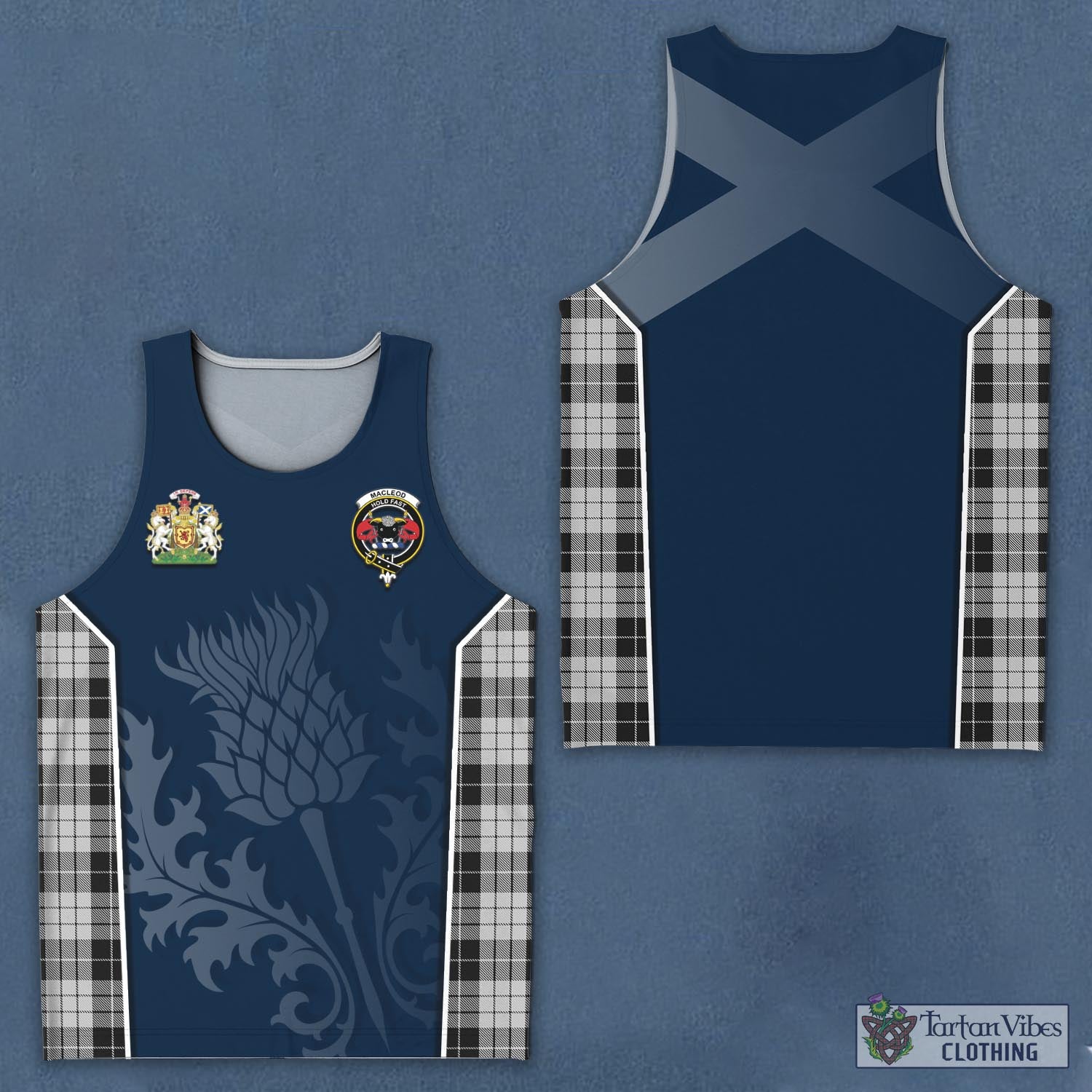 Tartan Vibes Clothing MacLeod Black and White Tartan Men's Tanks Top with Family Crest and Scottish Thistle Vibes Sport Style