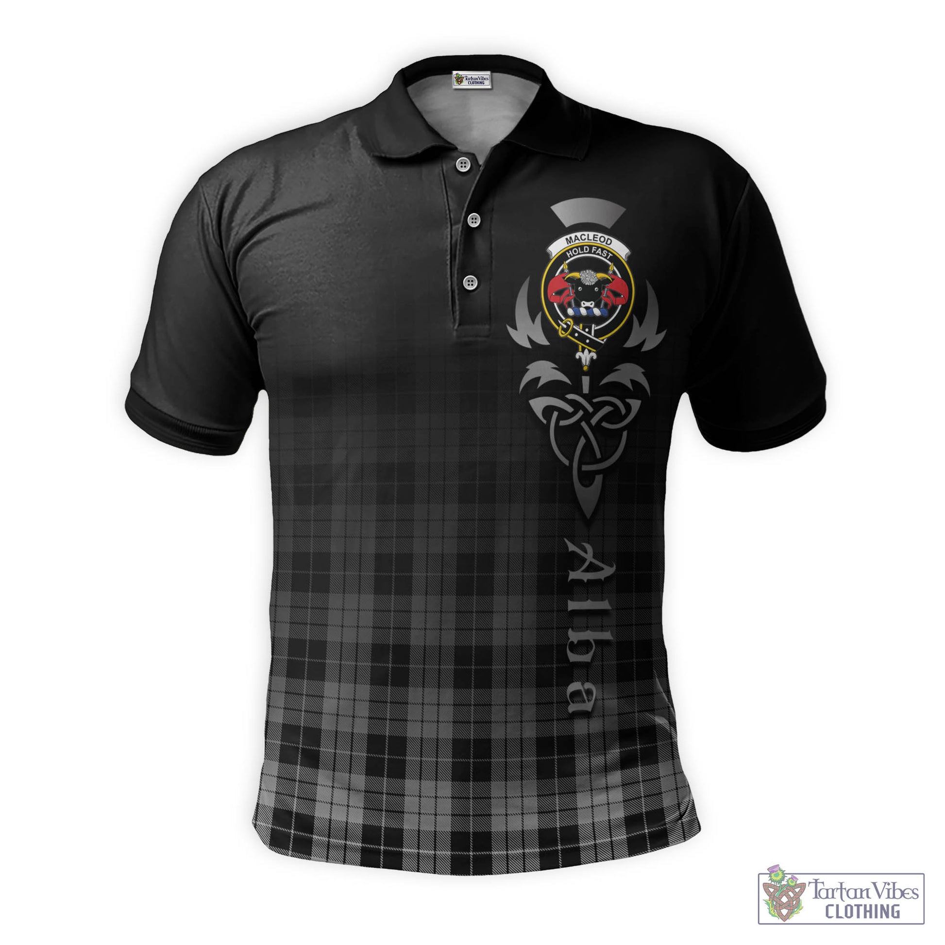 Tartan Vibes Clothing MacLeod Black and White Tartan Polo Shirt Featuring Alba Gu Brath Family Crest Celtic Inspired