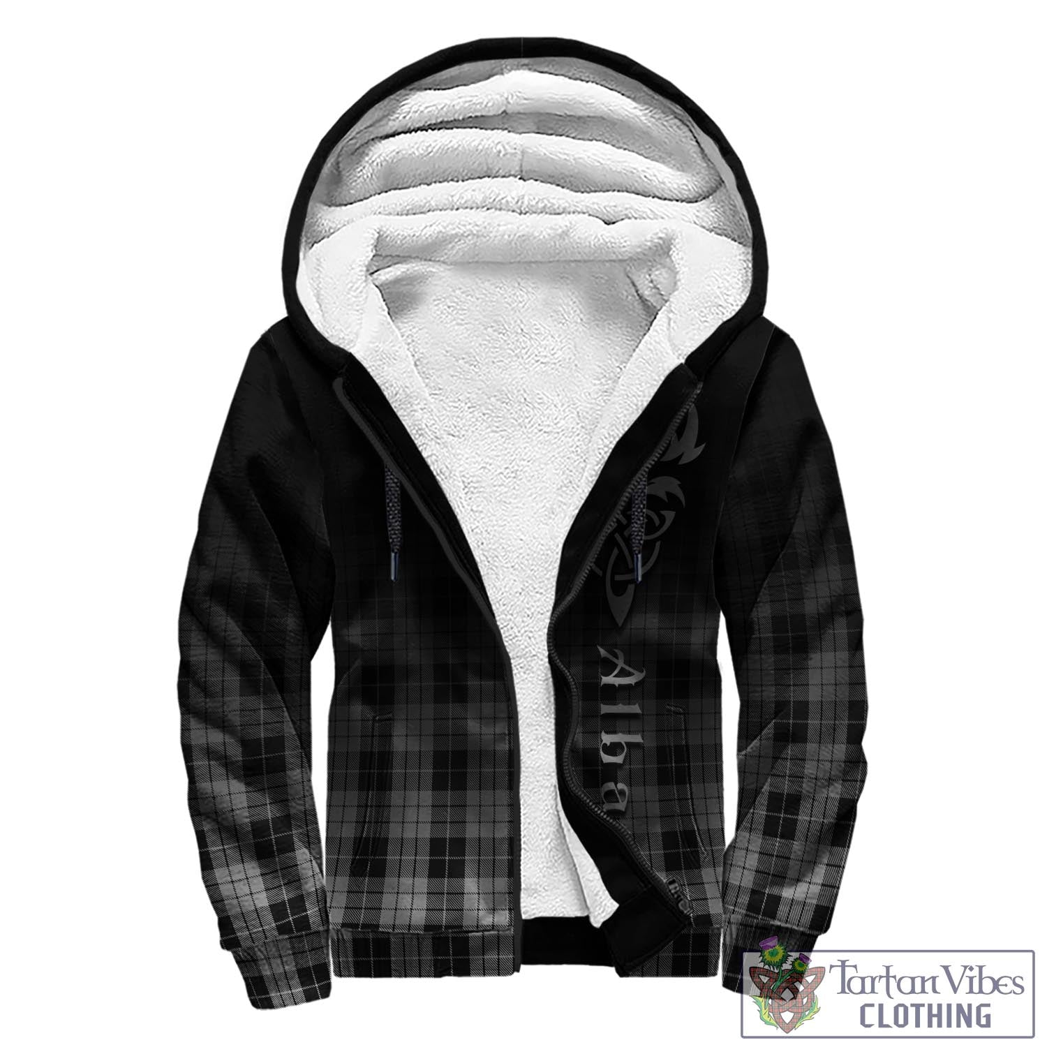 Tartan Vibes Clothing MacLeod Black and White Tartan Sherpa Hoodie Featuring Alba Gu Brath Family Crest Celtic Inspired