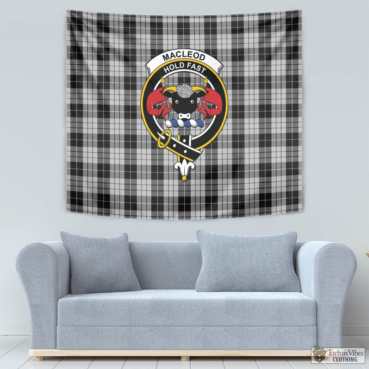 Tartan Vibes Clothing MacLeod Black and White Tartan Tapestry Wall Hanging and Home Decor for Room with Family Crest