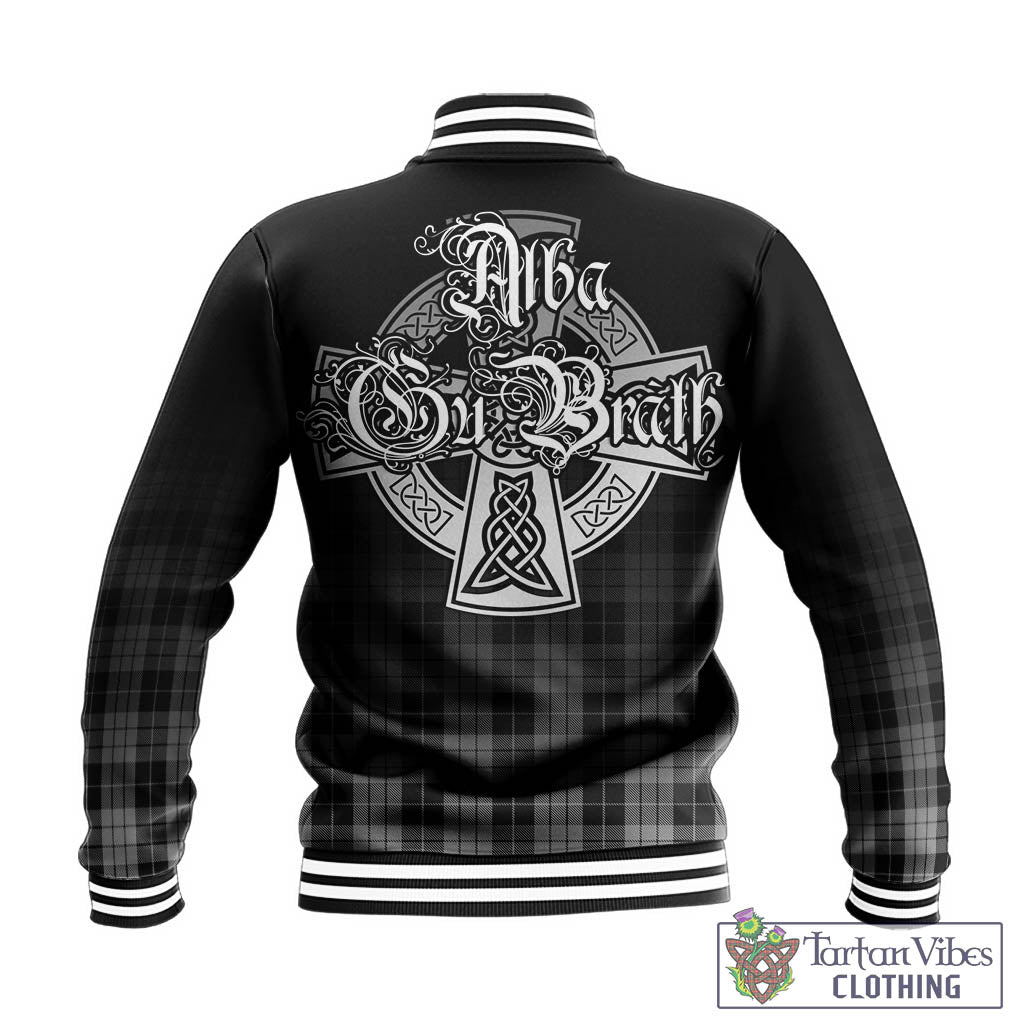 Tartan Vibes Clothing MacLeod Black and White Tartan Baseball Jacket Featuring Alba Gu Brath Family Crest Celtic Inspired