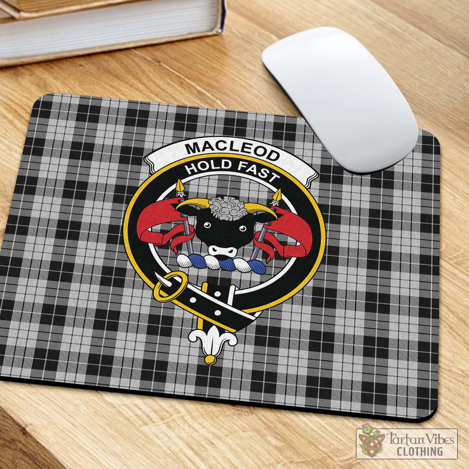 Tartan Vibes Clothing MacLeod Black and White Tartan Mouse Pad with Family Crest