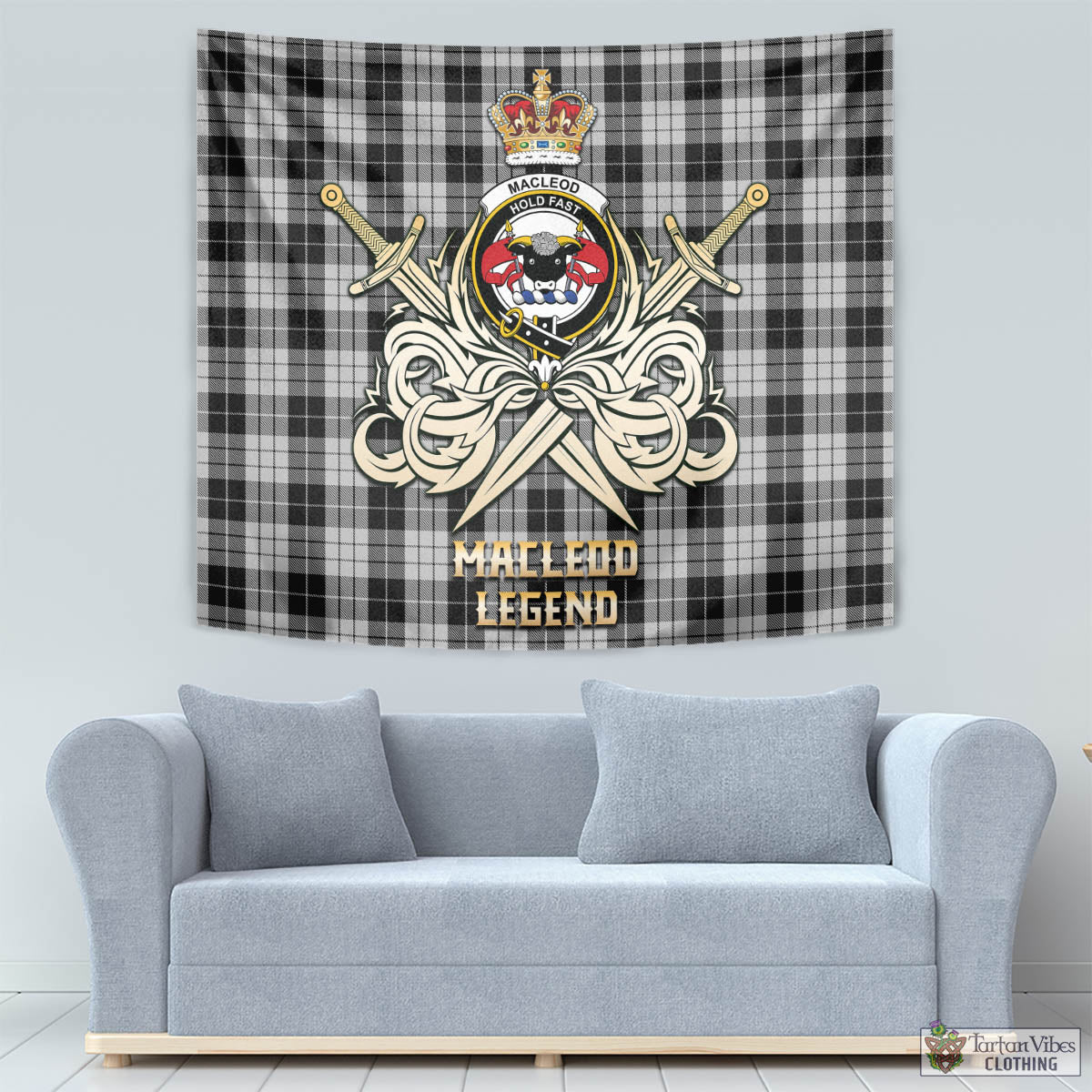 Tartan Vibes Clothing MacLeod Black and White Tartan Tapestry with Clan Crest and the Golden Sword of Courageous Legacy