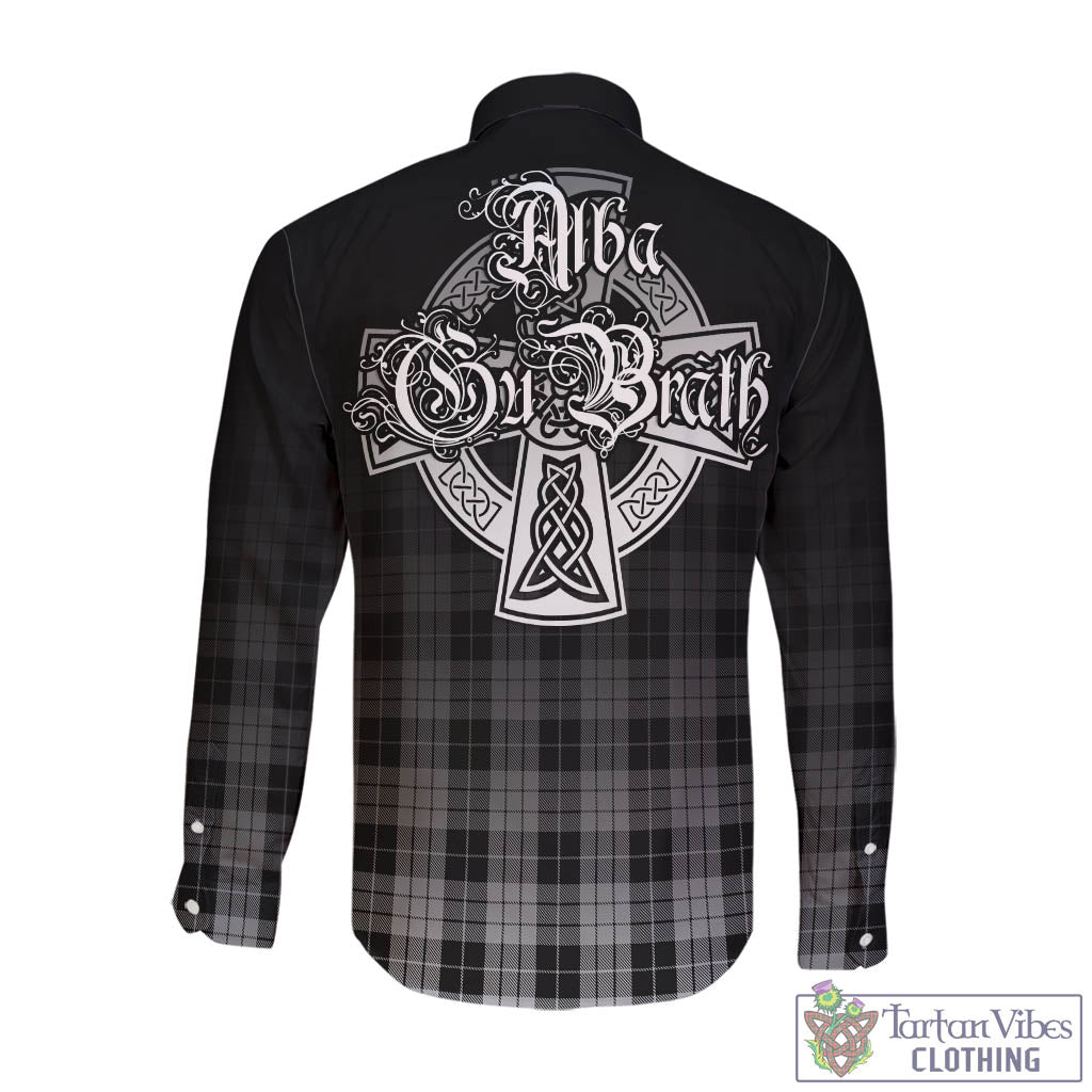 Tartan Vibes Clothing MacLeod Black and White Tartan Long Sleeve Button Up Featuring Alba Gu Brath Family Crest Celtic Inspired