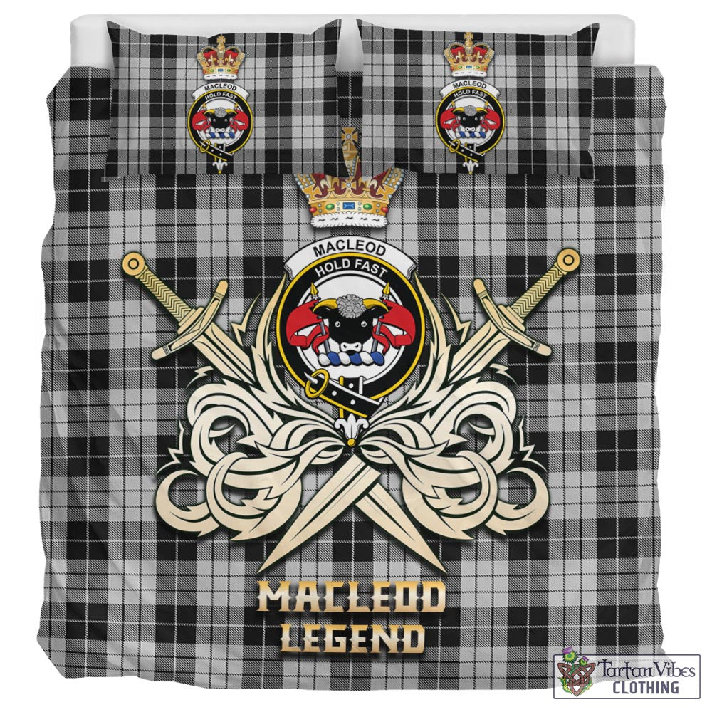 Tartan Vibes Clothing MacLeod Black and White Tartan Bedding Set with Clan Crest and the Golden Sword of Courageous Legacy