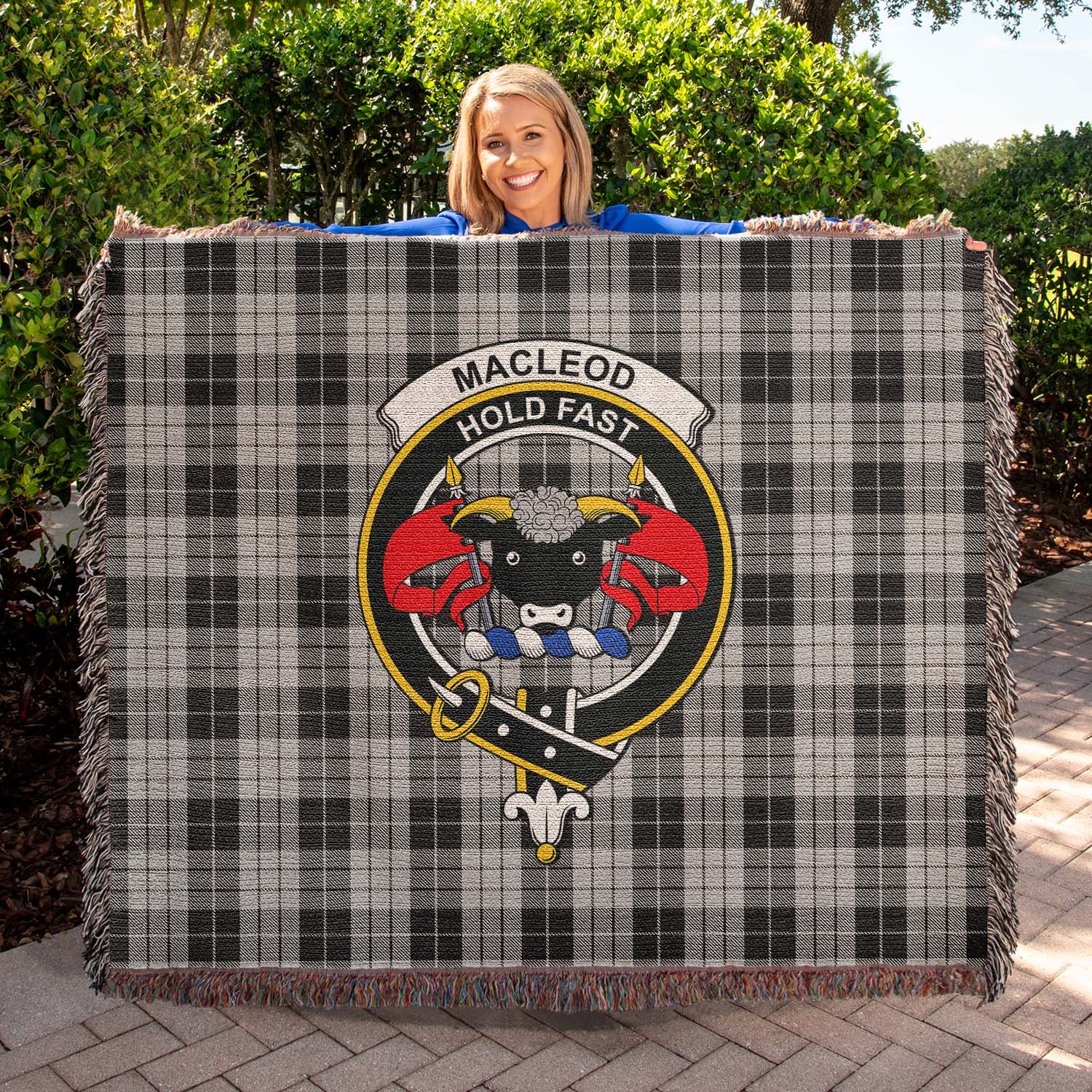 Tartan Vibes Clothing MacLeod Black and White Tartan Woven Blanket with Family Crest