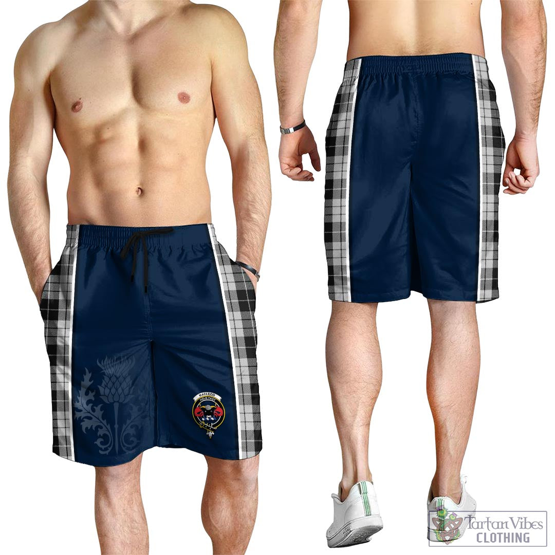 Tartan Vibes Clothing MacLeod Black and White Tartan Men's Shorts with Family Crest and Scottish Thistle Vibes Sport Style