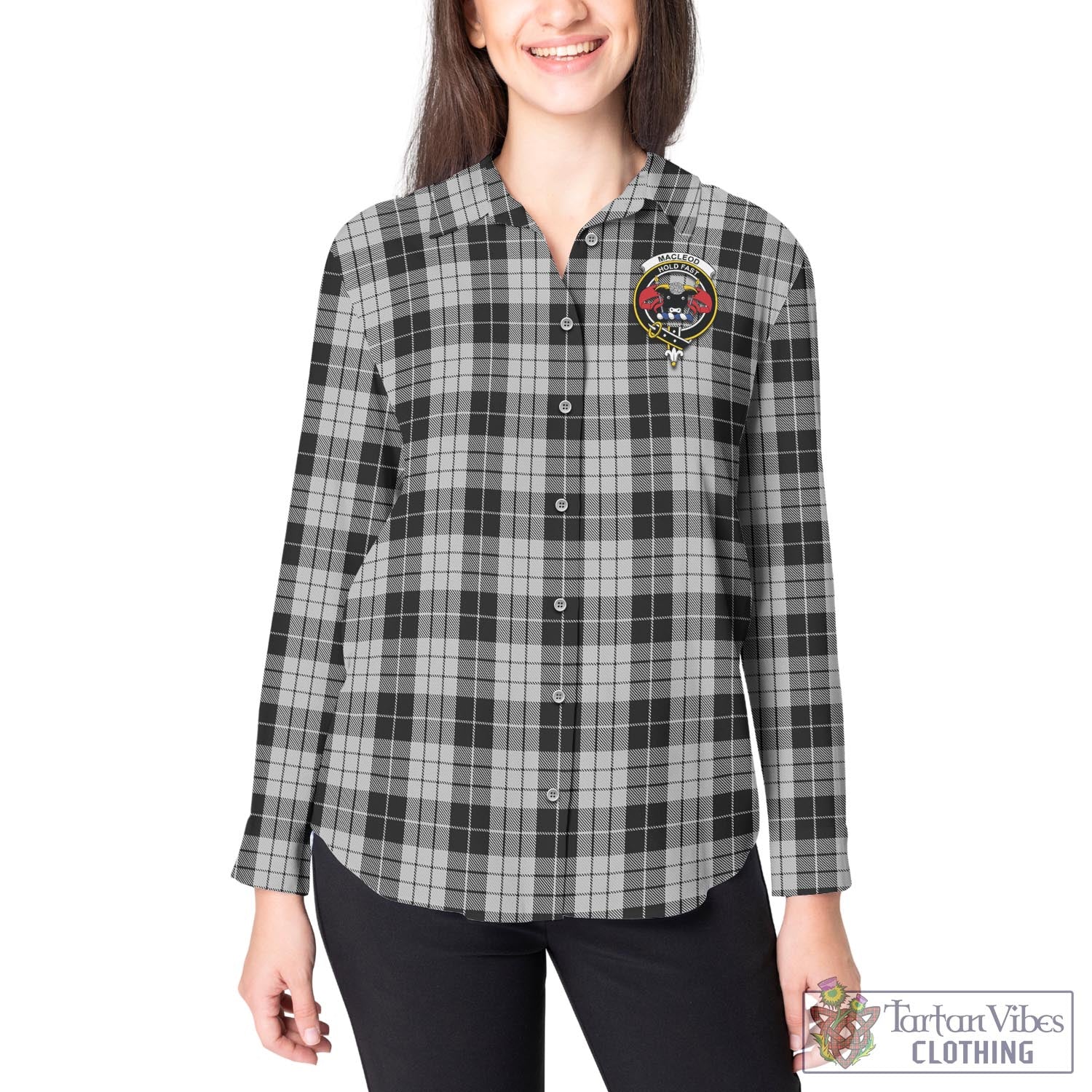 Tartan Vibes Clothing MacLeod Black and White Tartan Womens Casual Shirt with Family Crest