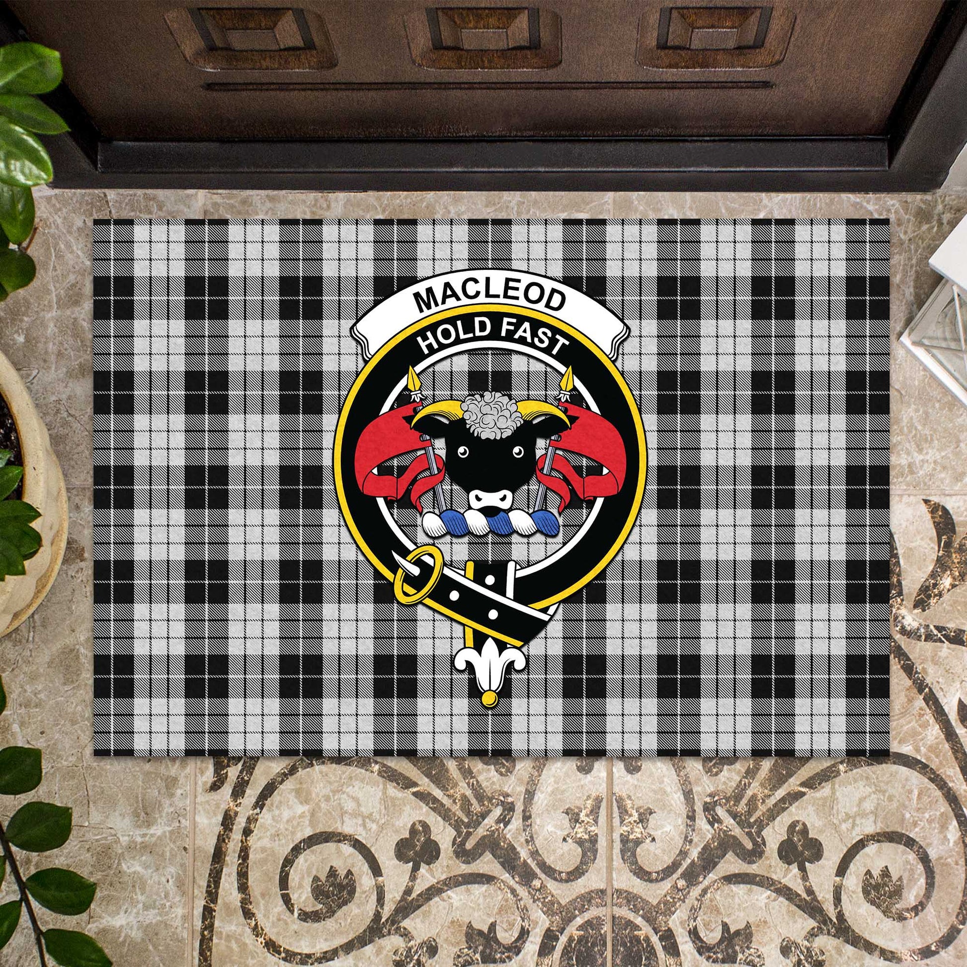 MacLeod Black and White Tartan Door Mat with Family Crest - Tartanvibesclothing