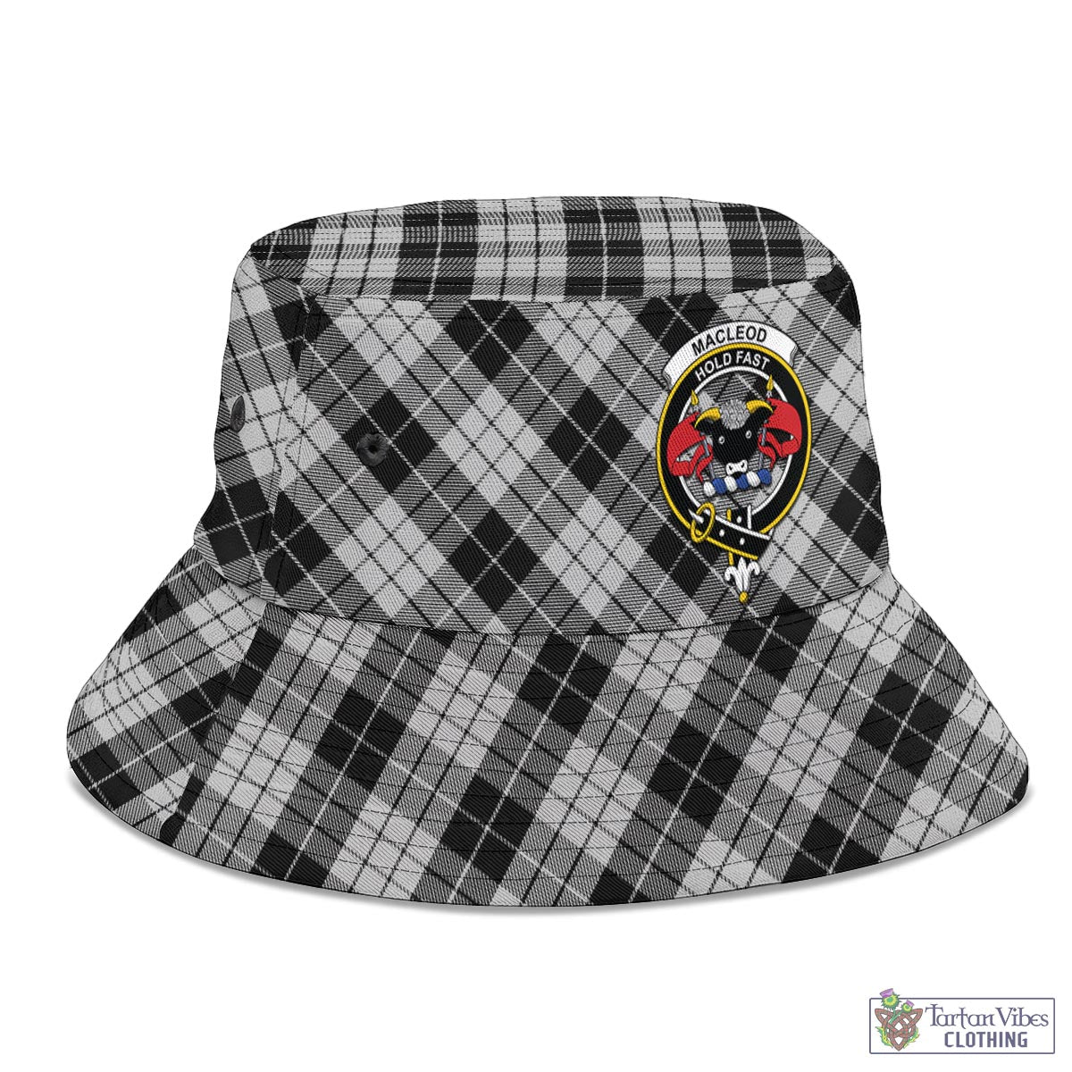 Tartan Vibes Clothing MacLeod Black and White Tartan Bucket Hat with Family Crest