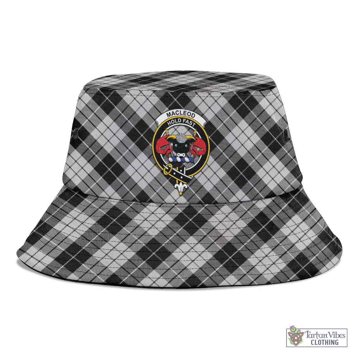 Tartan Vibes Clothing MacLeod Black and White Tartan Bucket Hat with Family Crest