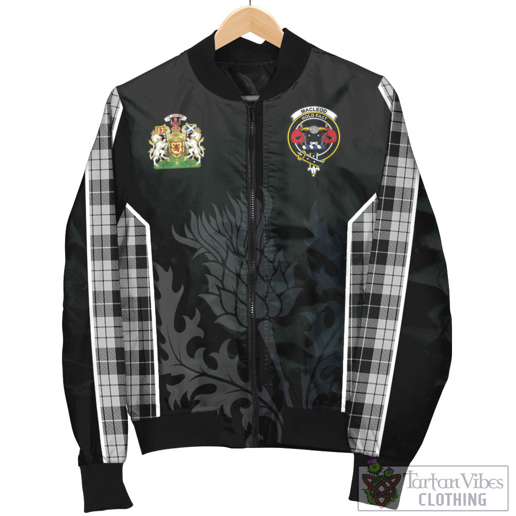 Tartan Vibes Clothing MacLeod Black and White Tartan Bomber Jacket with Family Crest and Scottish Thistle Vibes Sport Style