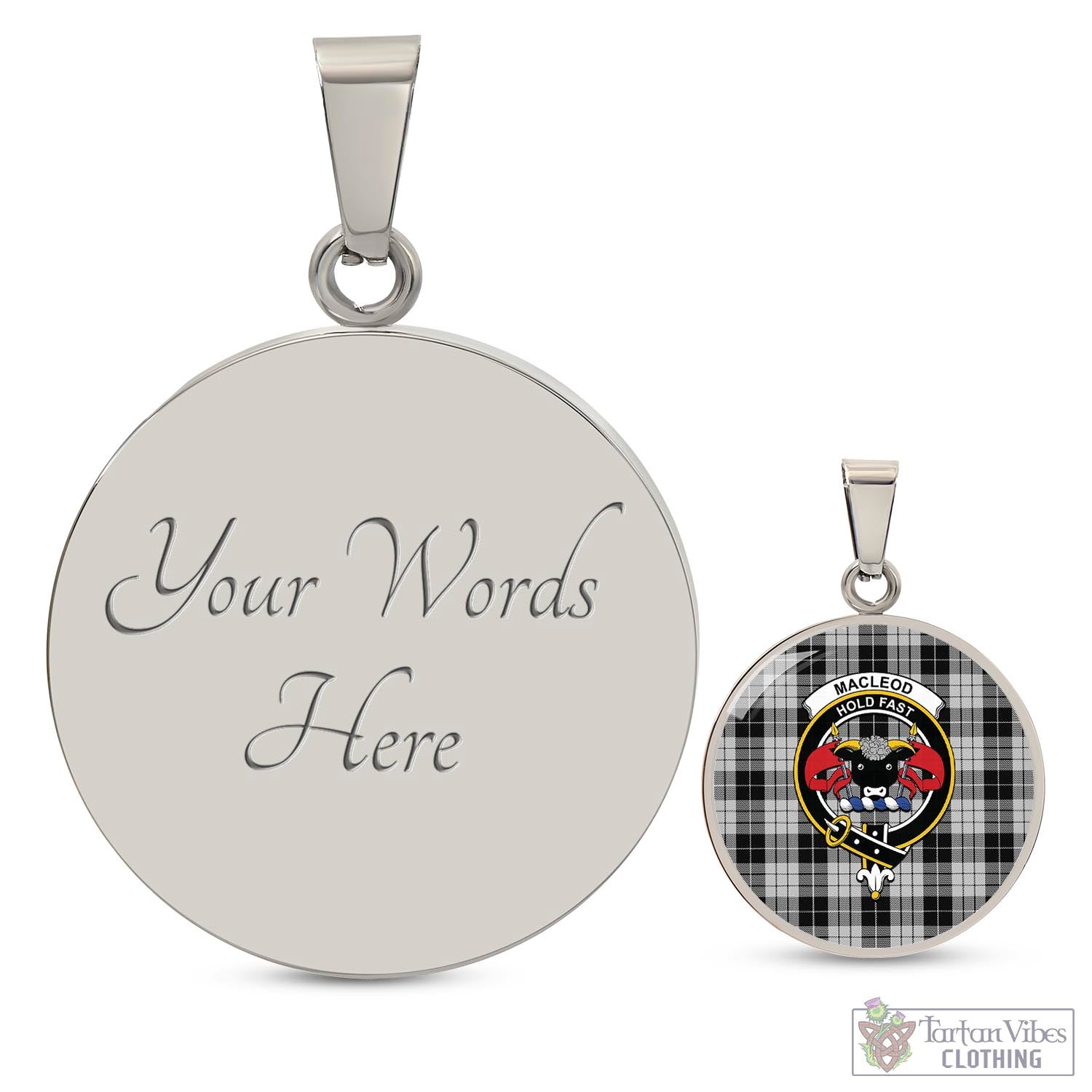 Tartan Vibes Clothing MacLeod Black and White Tartan Circle Necklace with Family Crest