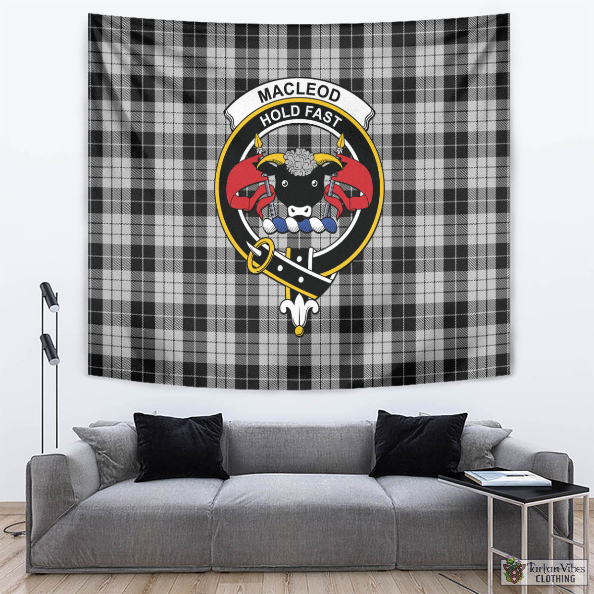 Tartan Vibes Clothing MacLeod Black and White Tartan Tapestry Wall Hanging and Home Decor for Room with Family Crest