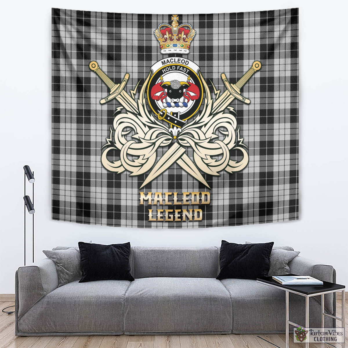 Tartan Vibes Clothing MacLeod Black and White Tartan Tapestry with Clan Crest and the Golden Sword of Courageous Legacy