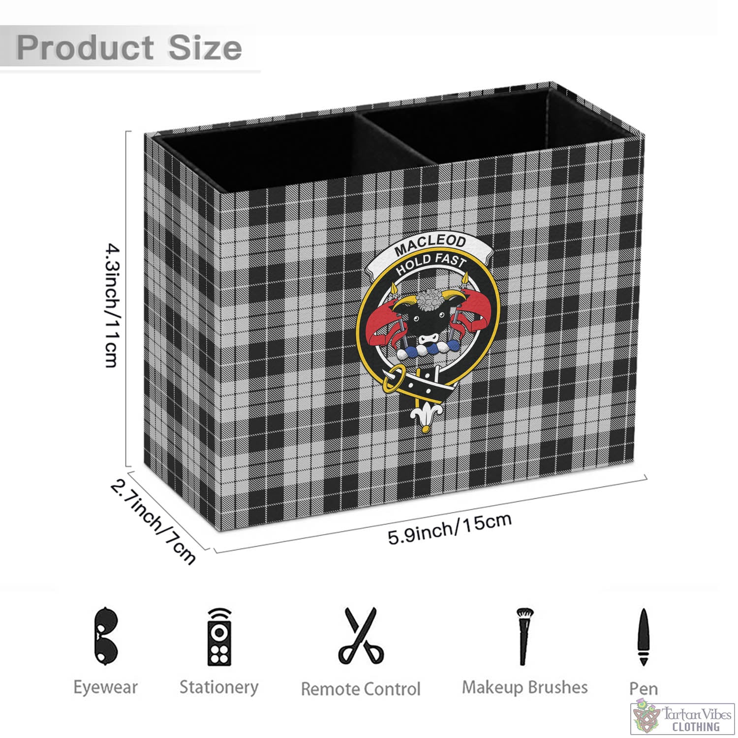 Tartan Vibes Clothing MacLeod Black and White Tartan Pen Holder with Family Crest