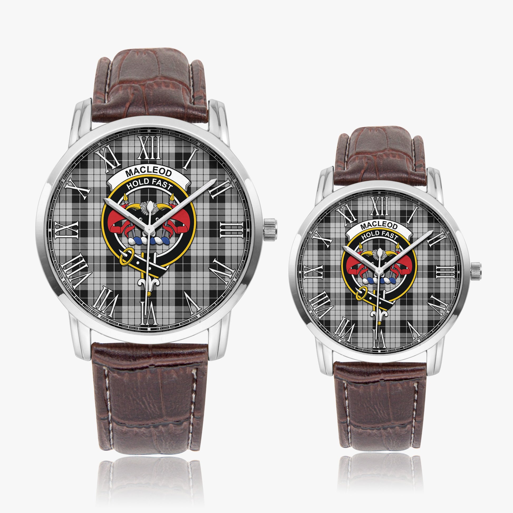 MacLeod Black and White Tartan Family Crest Leather Strap Quartz Watch - Tartanvibesclothing