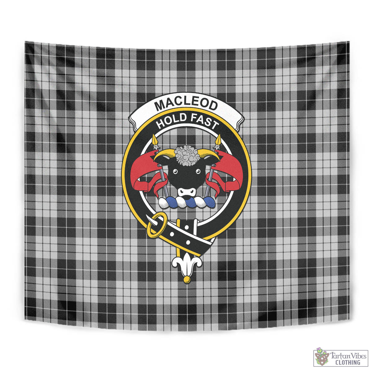 Tartan Vibes Clothing MacLeod Black and White Tartan Tapestry Wall Hanging and Home Decor for Room with Family Crest