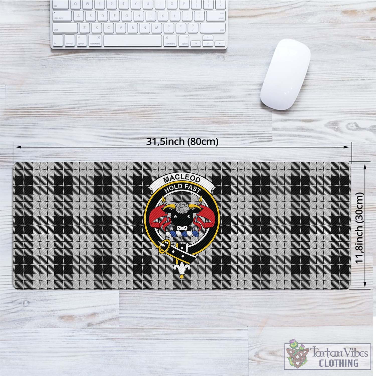 Tartan Vibes Clothing MacLeod Black and White Tartan Mouse Pad with Family Crest