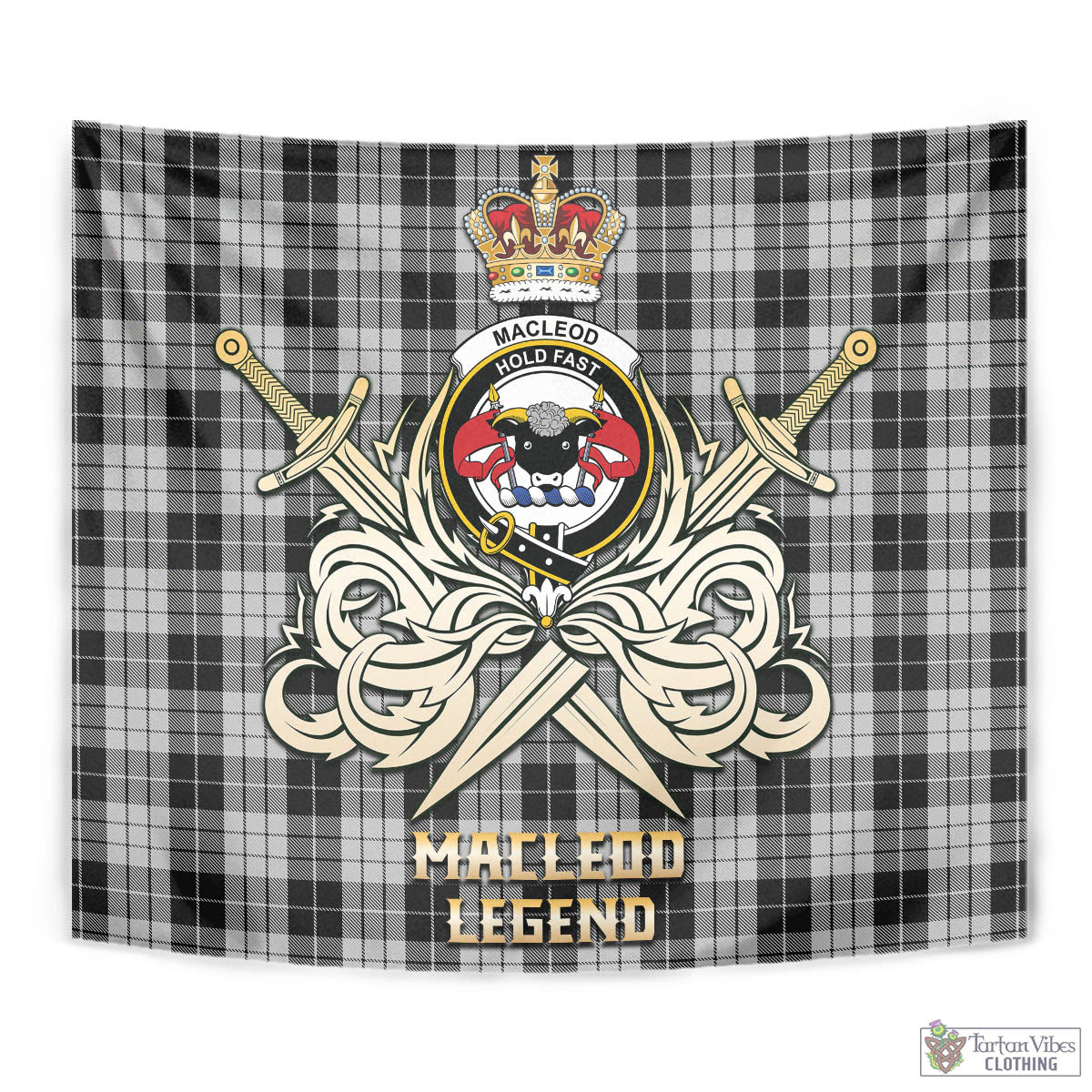 Tartan Vibes Clothing MacLeod Black and White Tartan Tapestry with Clan Crest and the Golden Sword of Courageous Legacy