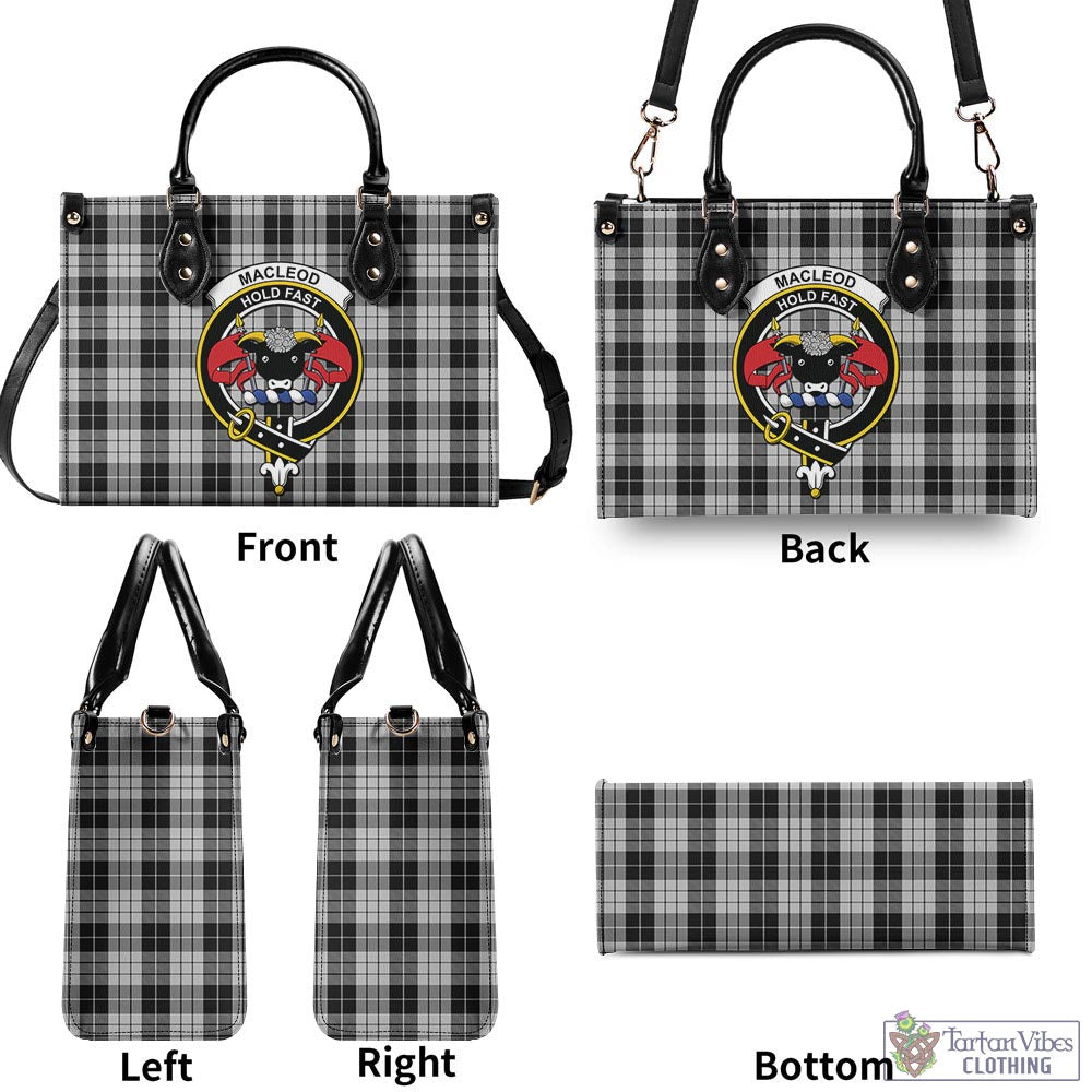 Tartan Vibes Clothing MacLeod Black and White Tartan Luxury Leather Handbags with Family Crest