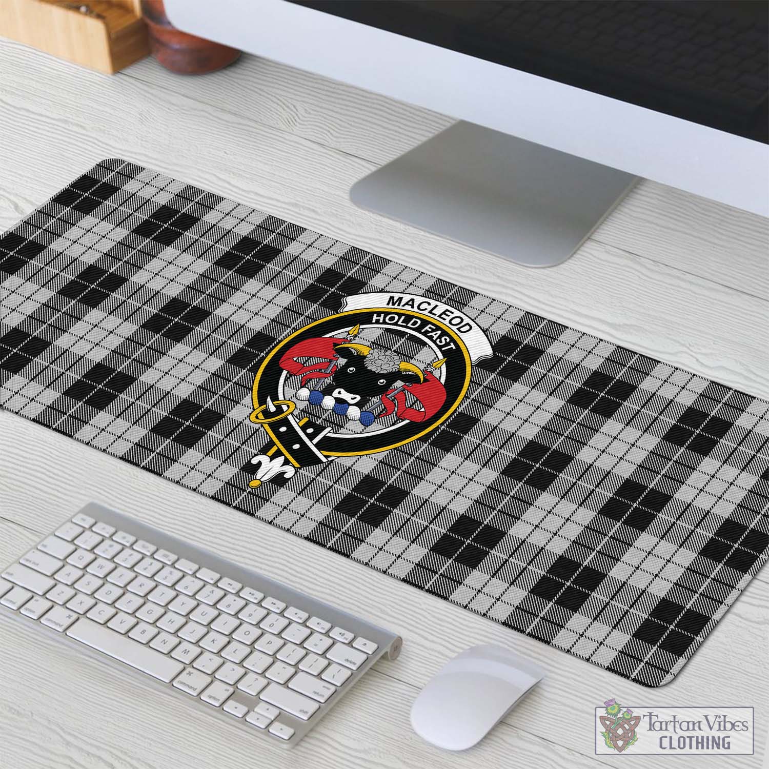 Tartan Vibes Clothing MacLeod Black and White Tartan Mouse Pad with Family Crest