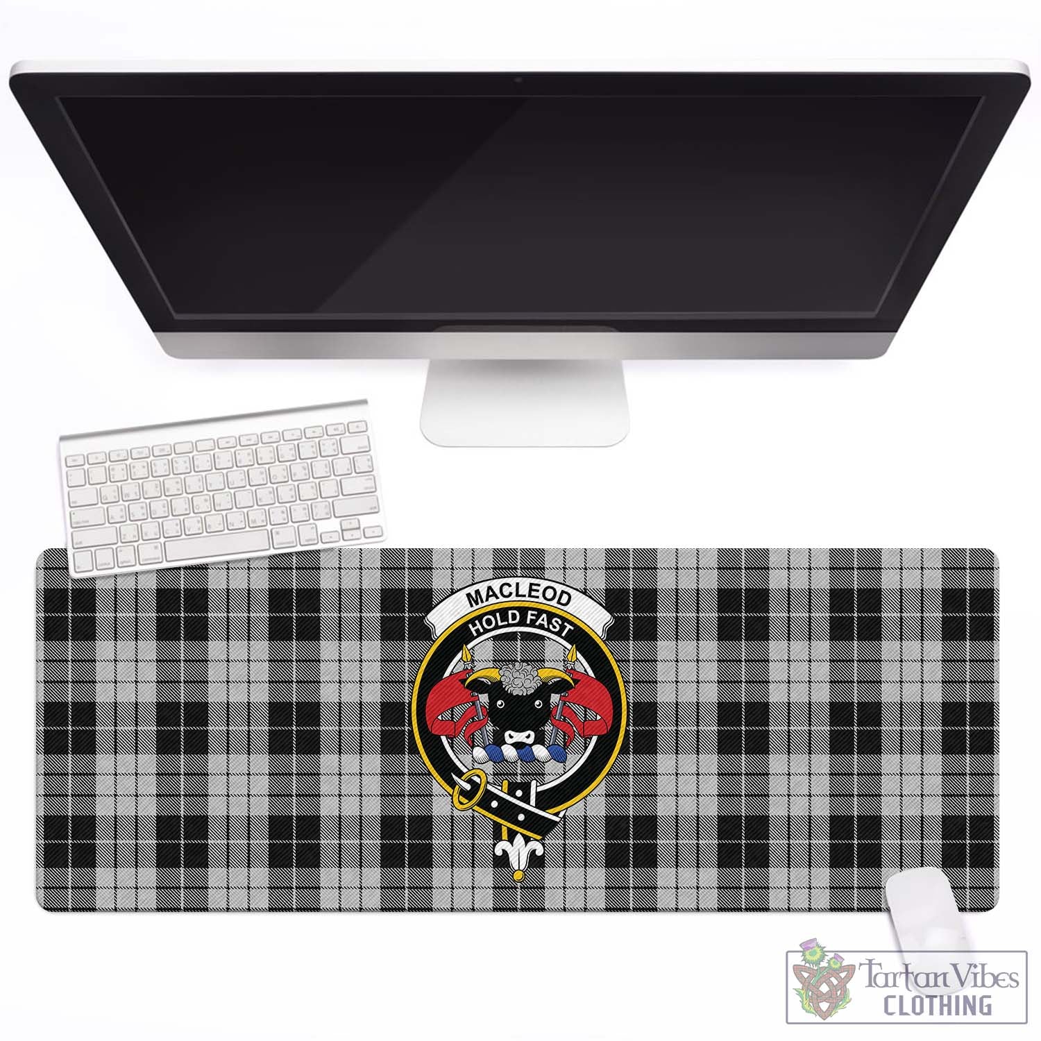 Tartan Vibes Clothing MacLeod Black and White Tartan Mouse Pad with Family Crest