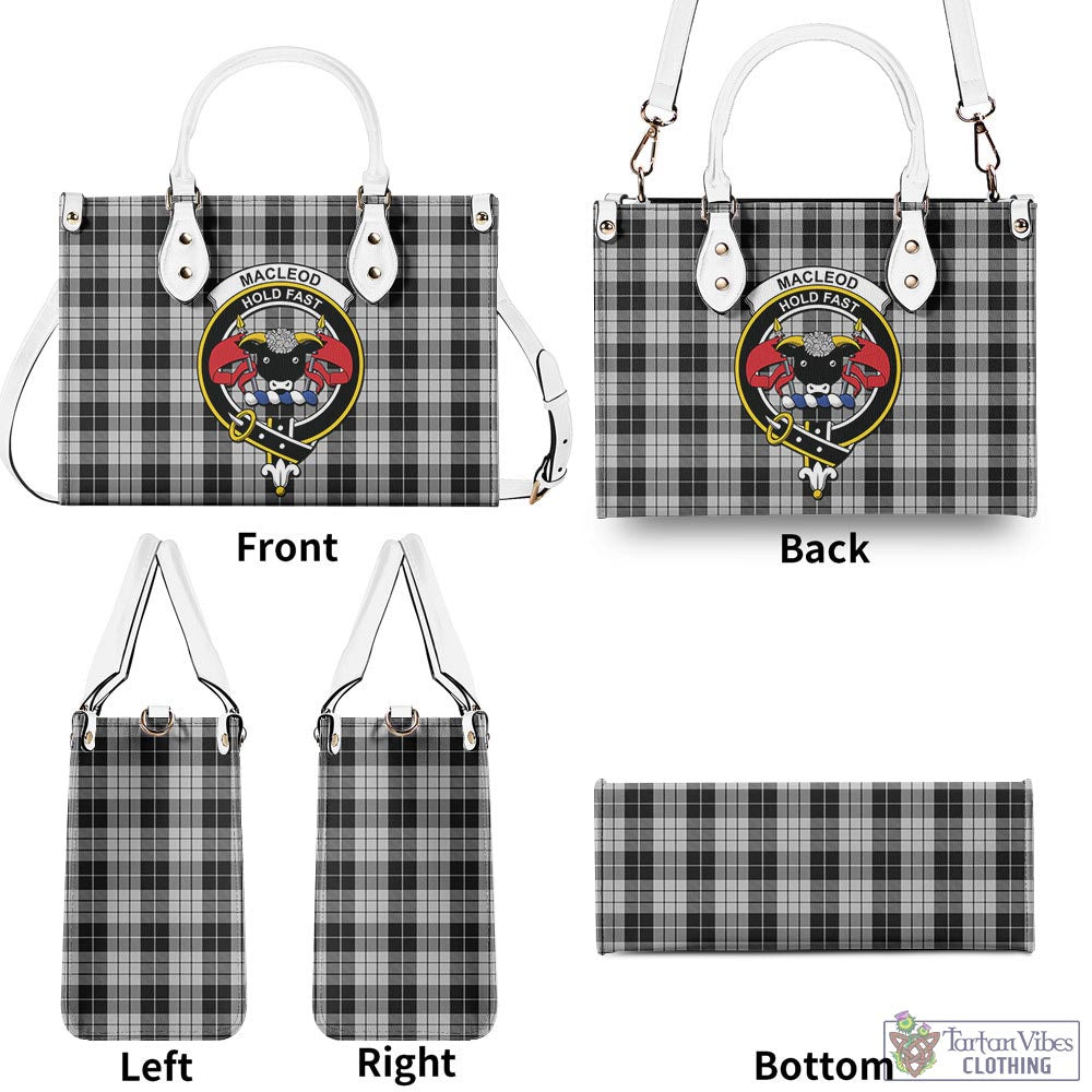 Tartan Vibes Clothing MacLeod Black and White Tartan Luxury Leather Handbags with Family Crest